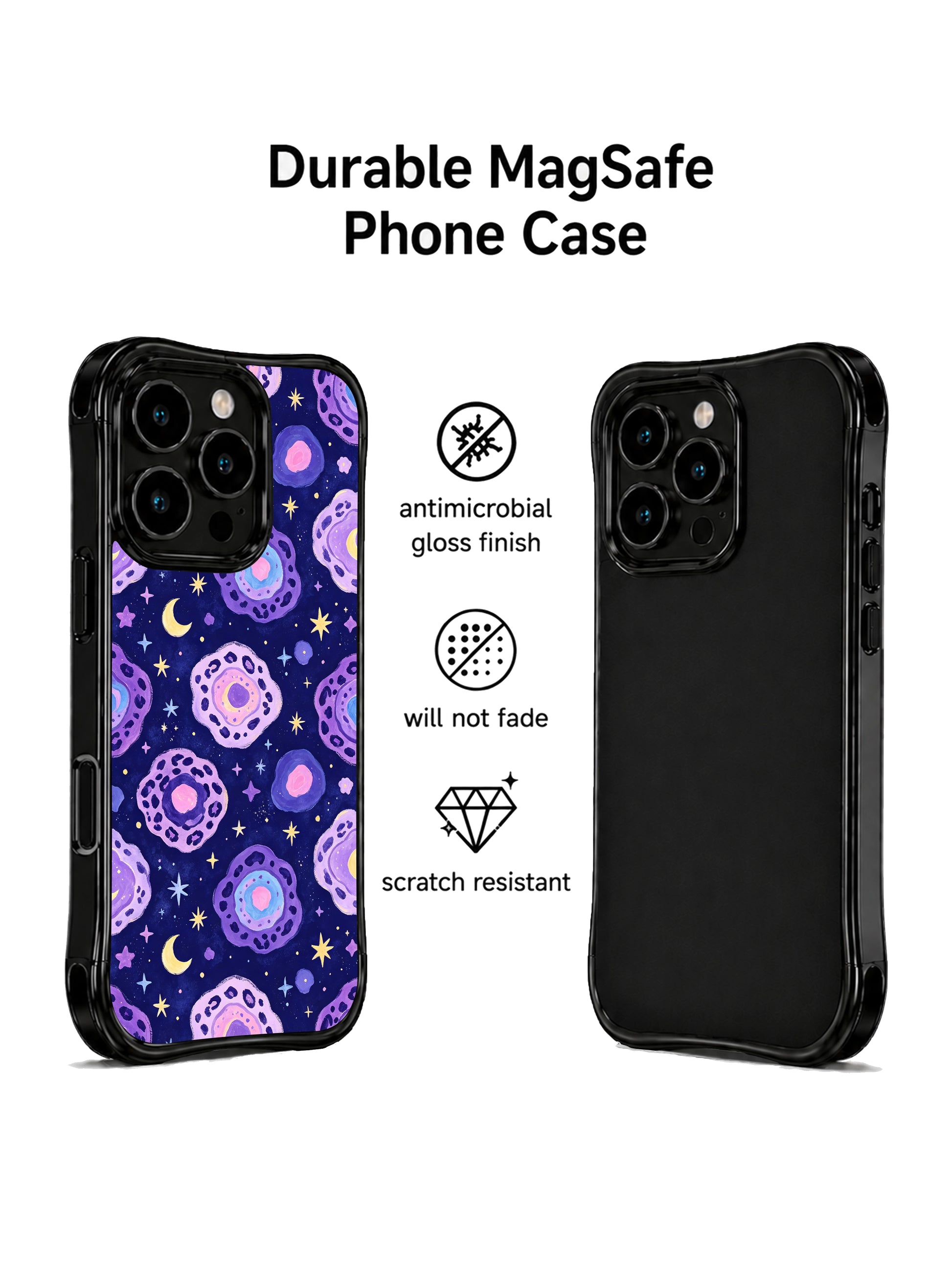 Macro texture shot of PhoneCasing iPhone 14 Pro Case Moon Leopard Whisper design. Soft watercolor wash dark indigo backdrop, textured painterly purple leopard outlines dotted with miniature gold moons, archival fade-resistant ink, mystical celestial art by Roxy Wildhart.