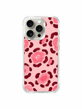 PhoneCasing iPhone 14 Pro Case triple camera cutout close detail, layered burgundy rose watercolor floral leopard print. Raised protective lens lips to block scratches, fingerprint-resistant glossy clear frame, long-wearing durable iPhone 14 Pro casing.