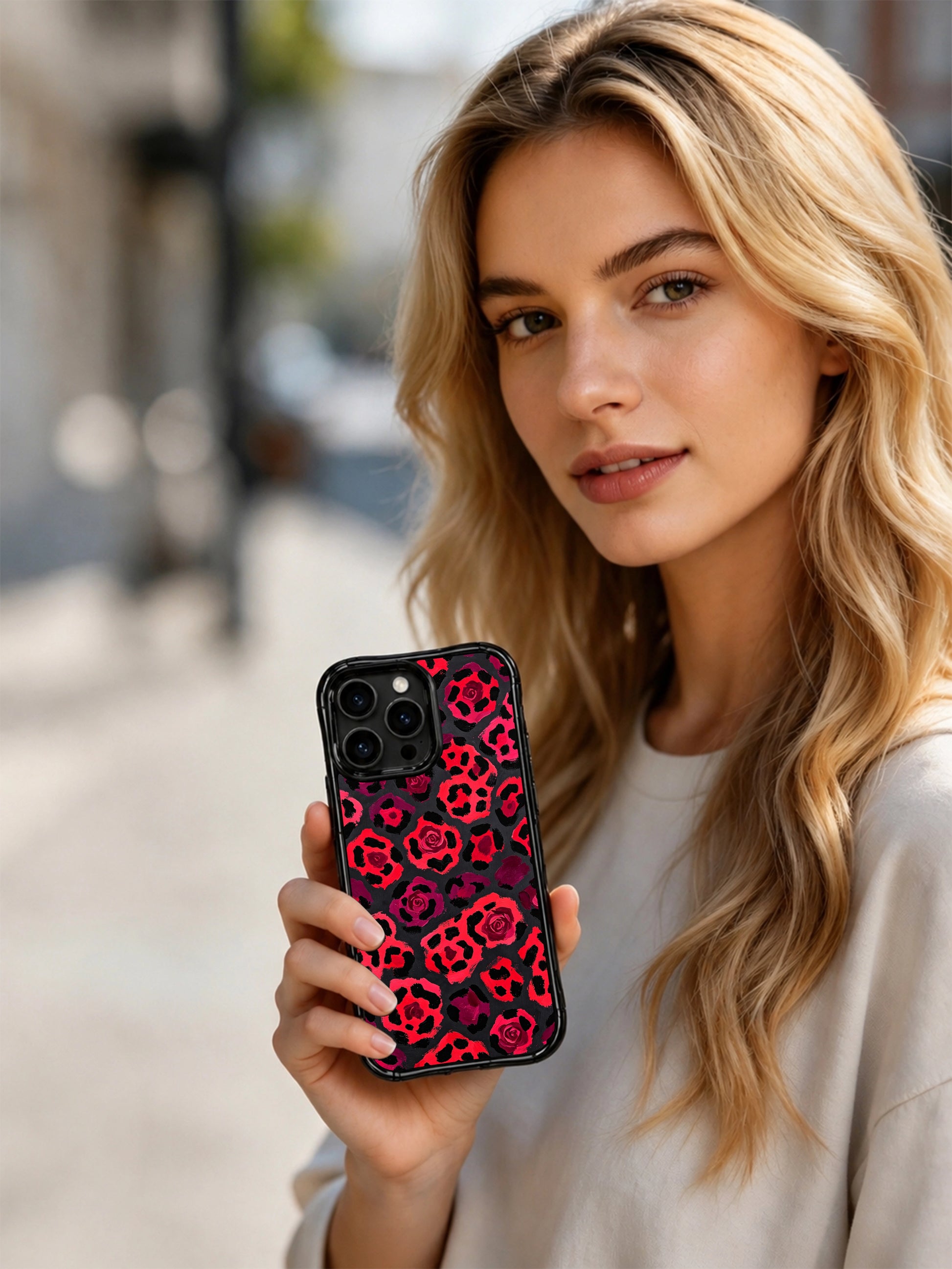 PhoneCasing iPhone 14 Pro Case full seamless repeating pattern overview of Cherry Midnight Leopard oil art. Continuous heart leopard spots across moody black base, non-fade pigment slim lightweight iPhone 14 Pro casing.