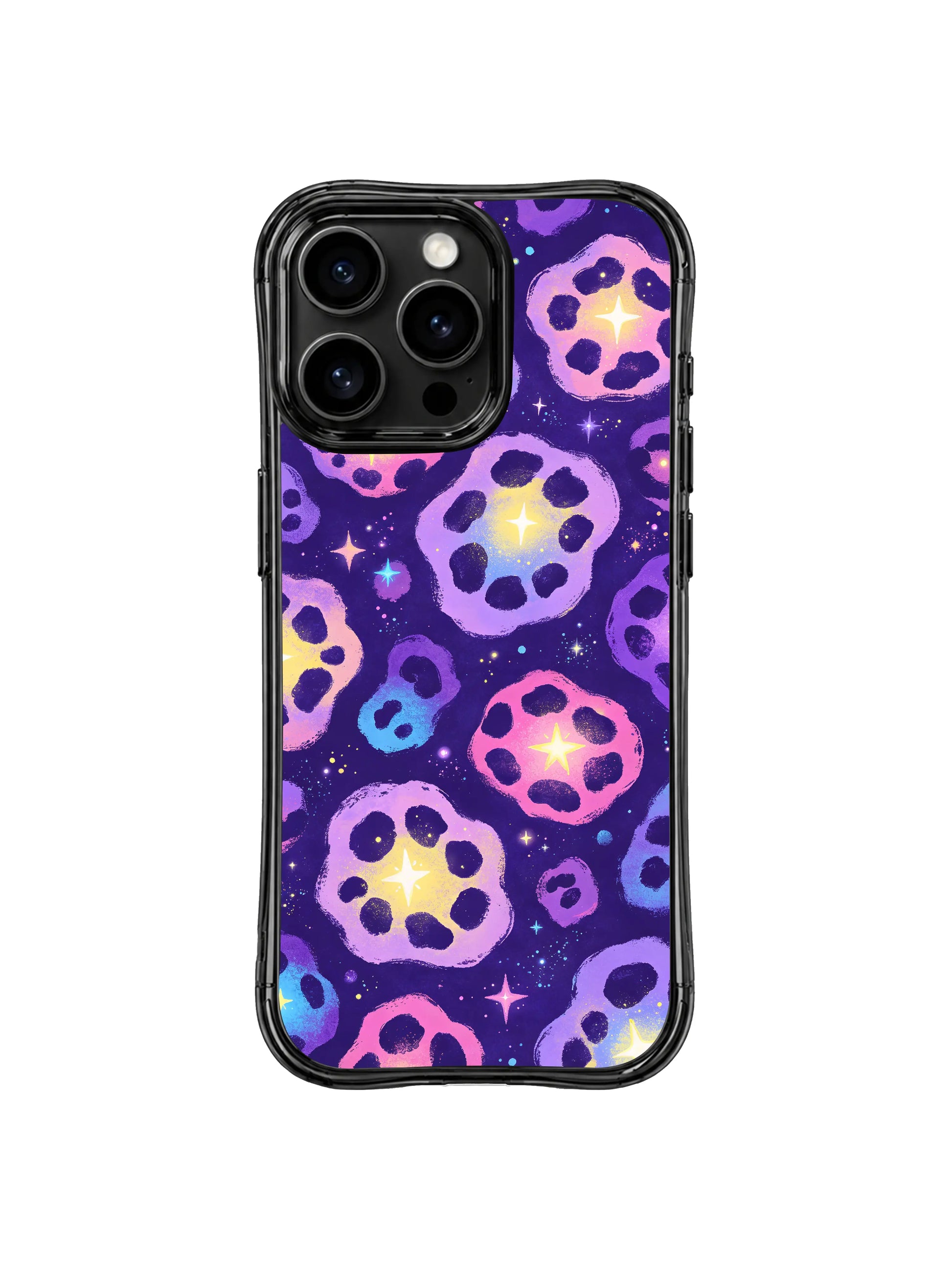 PhoneCasing iPhone 14 Pro Case triple camera cutout close detail, Galaxy gradient star watercolor leopard print. Raised protective lens lips to block scratches, fingerprint-resistant glossy black frame, long-wearing durable iPhone 14 Pro casing.