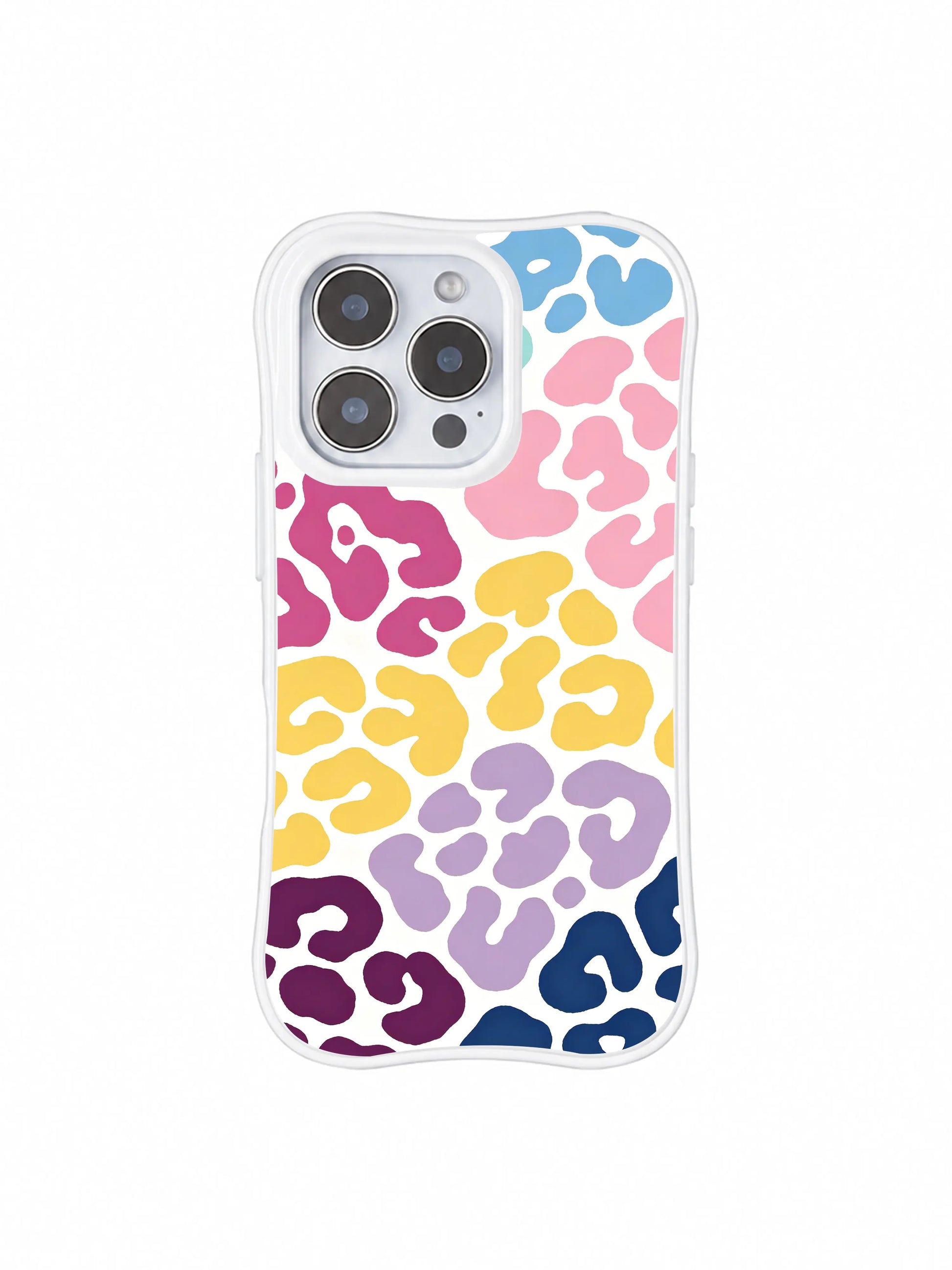 PhoneCasing iPhone 14 Pro Case camera cutout close detail, Moon Berry Heart Leopard gradient watercolor print. Raised protective lens lips to prevent scratches, fingerprint-resistant glossy white frame, durable iPhone 14 Pro casing.