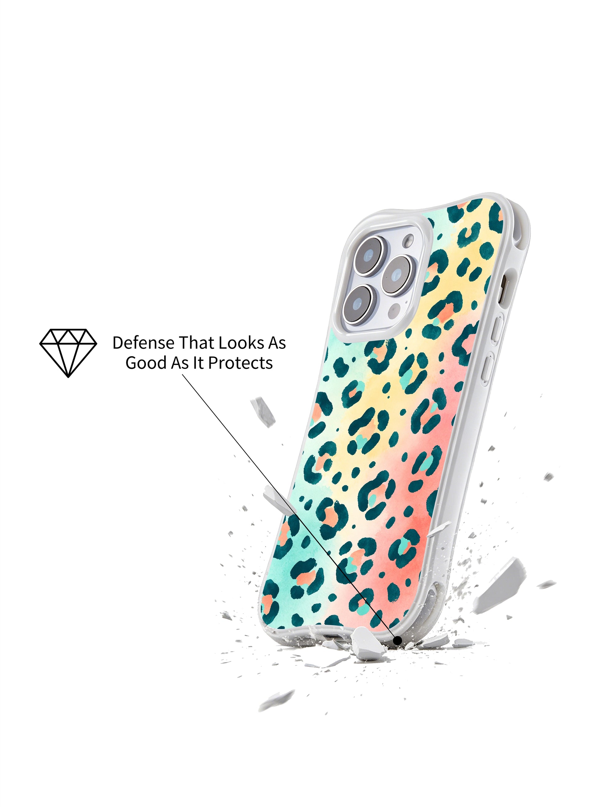 Laid-back vacation-style PhoneCasing iPhone 14 Pro Case with full MagSafe compatibility. Salt Shore gradient leopard print in mint, sand and coral tones, four-corner shockproof wavy frame, handmade in California for free-spirited women.