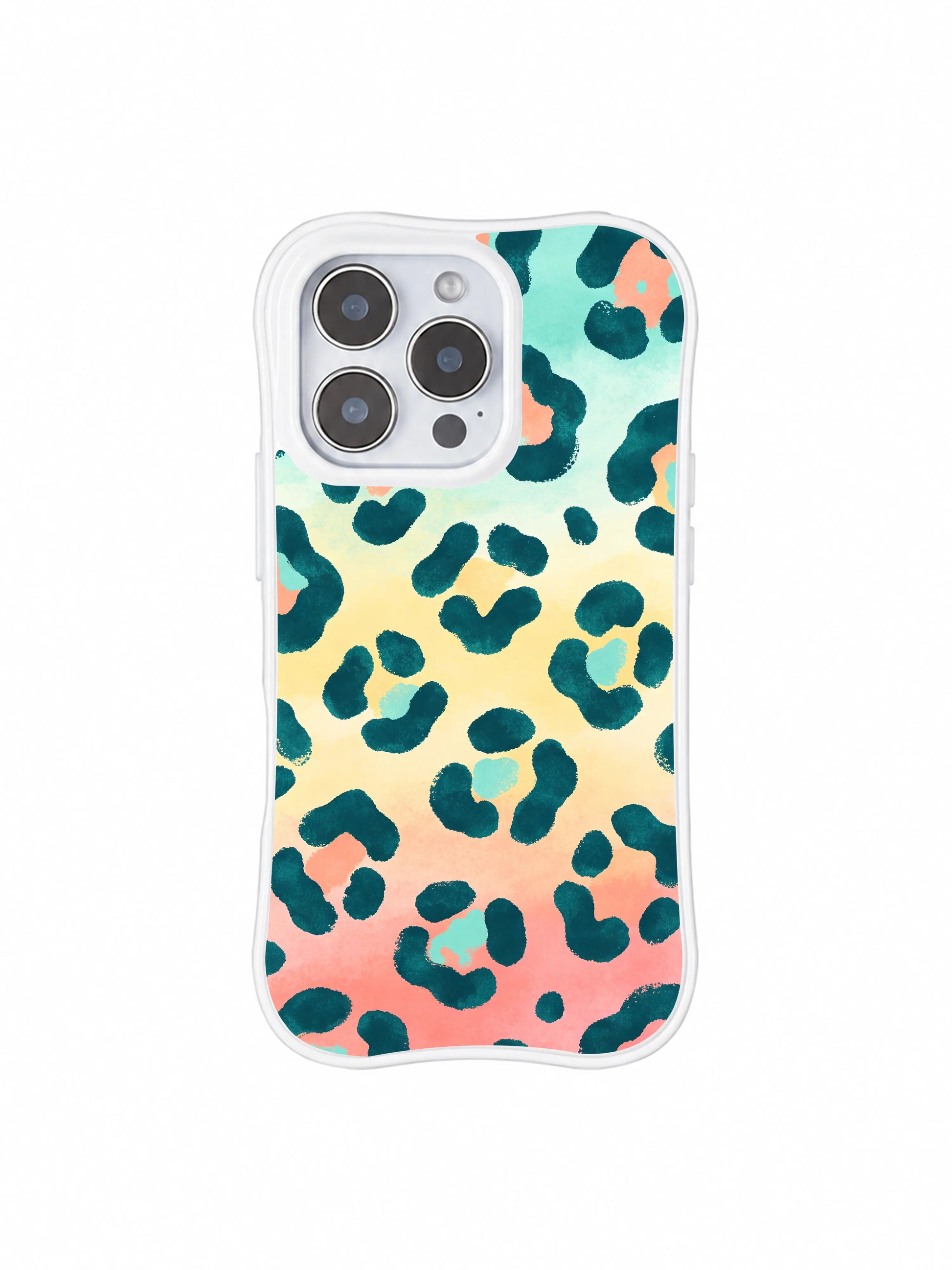 Camera cutout detailed shot of original Roxy Wildhart Salt Shore Leopard PhoneCasing iPhone 14 Pro Case. Raised elevated lens bezels to avoid table scuffs, soft blended tropical watercolor gradient, unmissable summer coastal artwork.