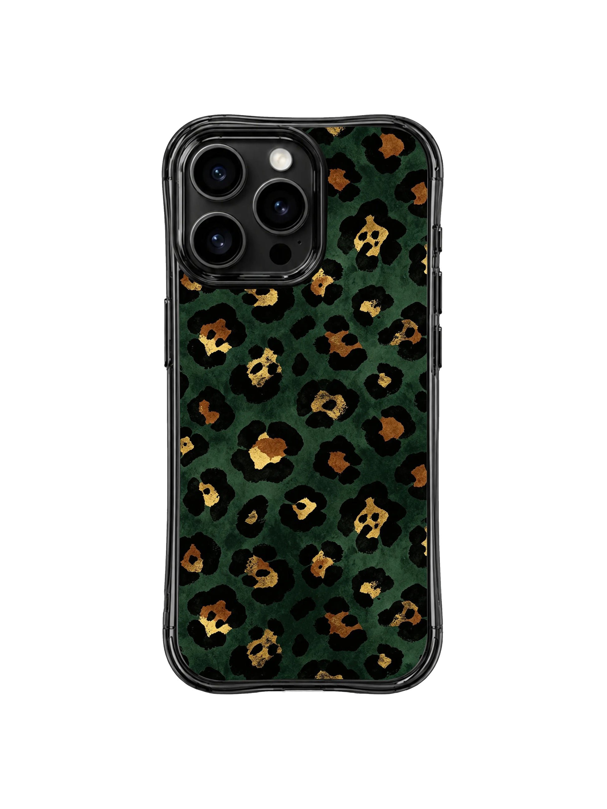 PhoneCasing iPhone 14 Pro Case close camera cutout detail, original Roxy Wildhart Midnight Academia Leopard print. Raised protective lips around lens, distressed forest green wash leopard pattern, textured painterly brushstroke scholarly artwork.
