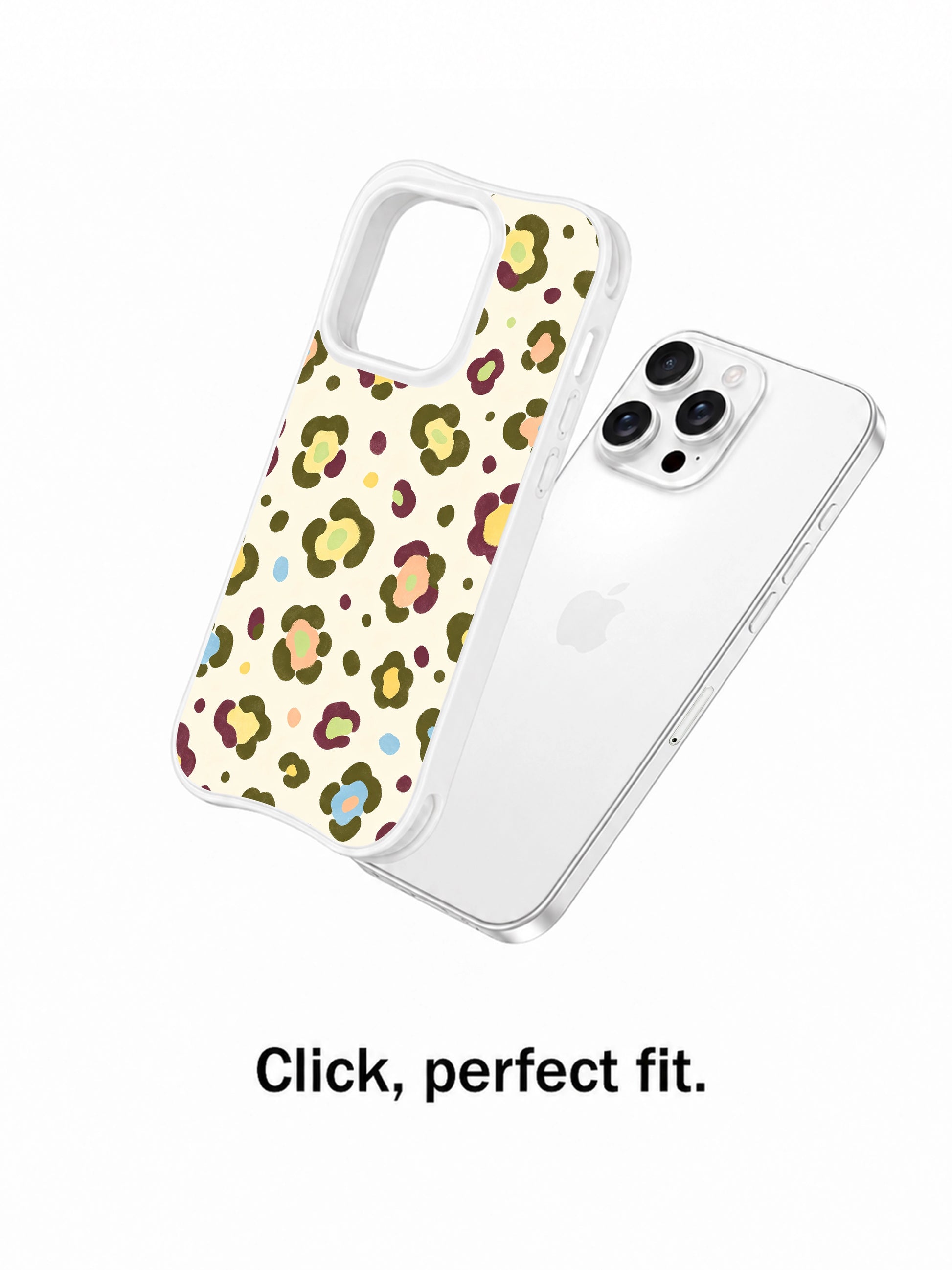 PhoneCasing iPhone 14 Pro Case close camera cutout detail, original Roxy Wildhart Morning Bloom Leopard print. Raised raised lip lens protection, pale cream watercolor floral leopard pattern, soft painterly retro cottagecore artwork.