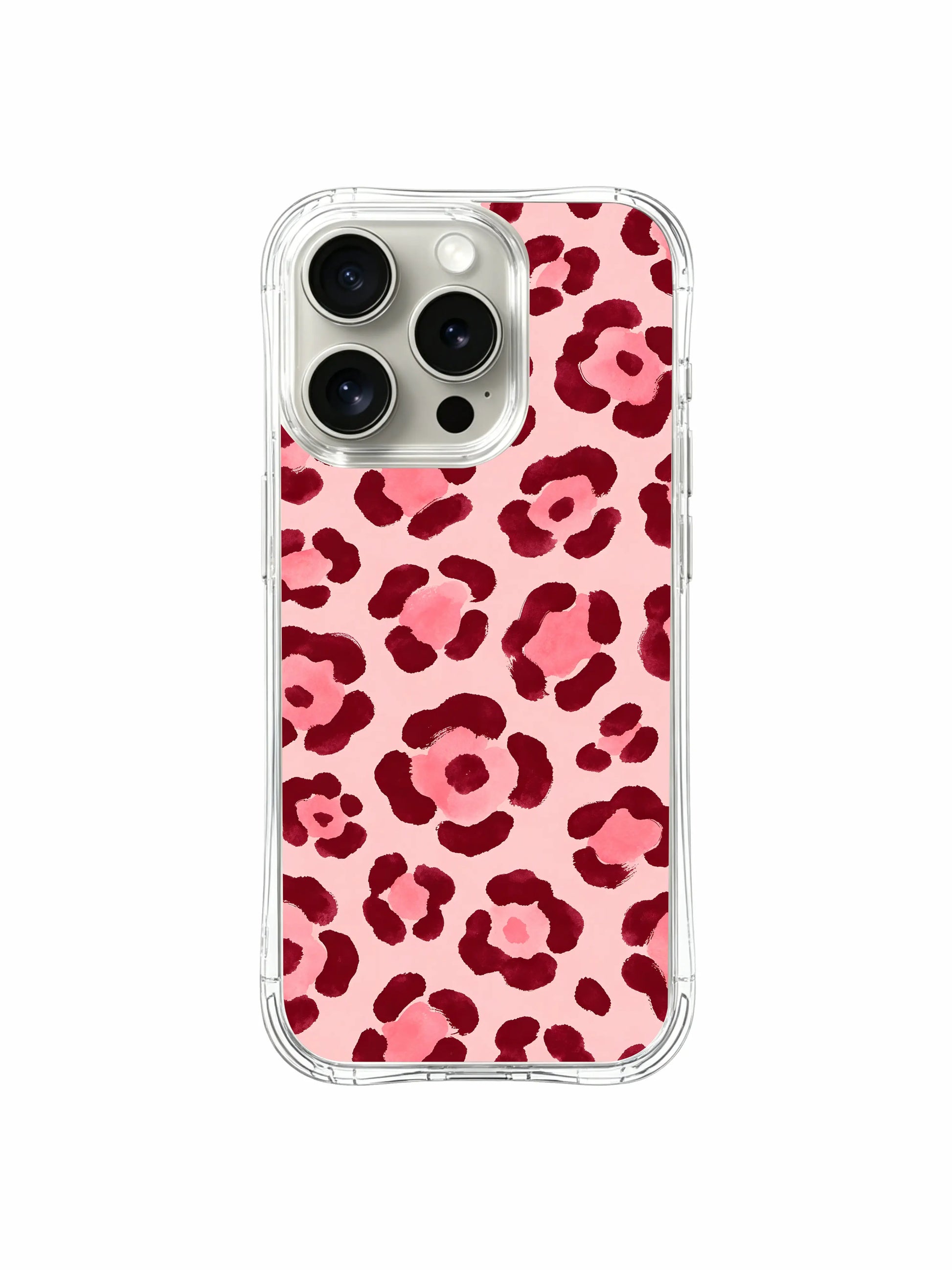 PhoneCasing iPhone 14 Pro Case full seamless repeating pattern overview of Burgundy Rose floral watercolor leopard art. Continuous layered blush-wine rose leopard rosettes on pale pink base, lightweight slim everyday iPhone 14 Pro casing.