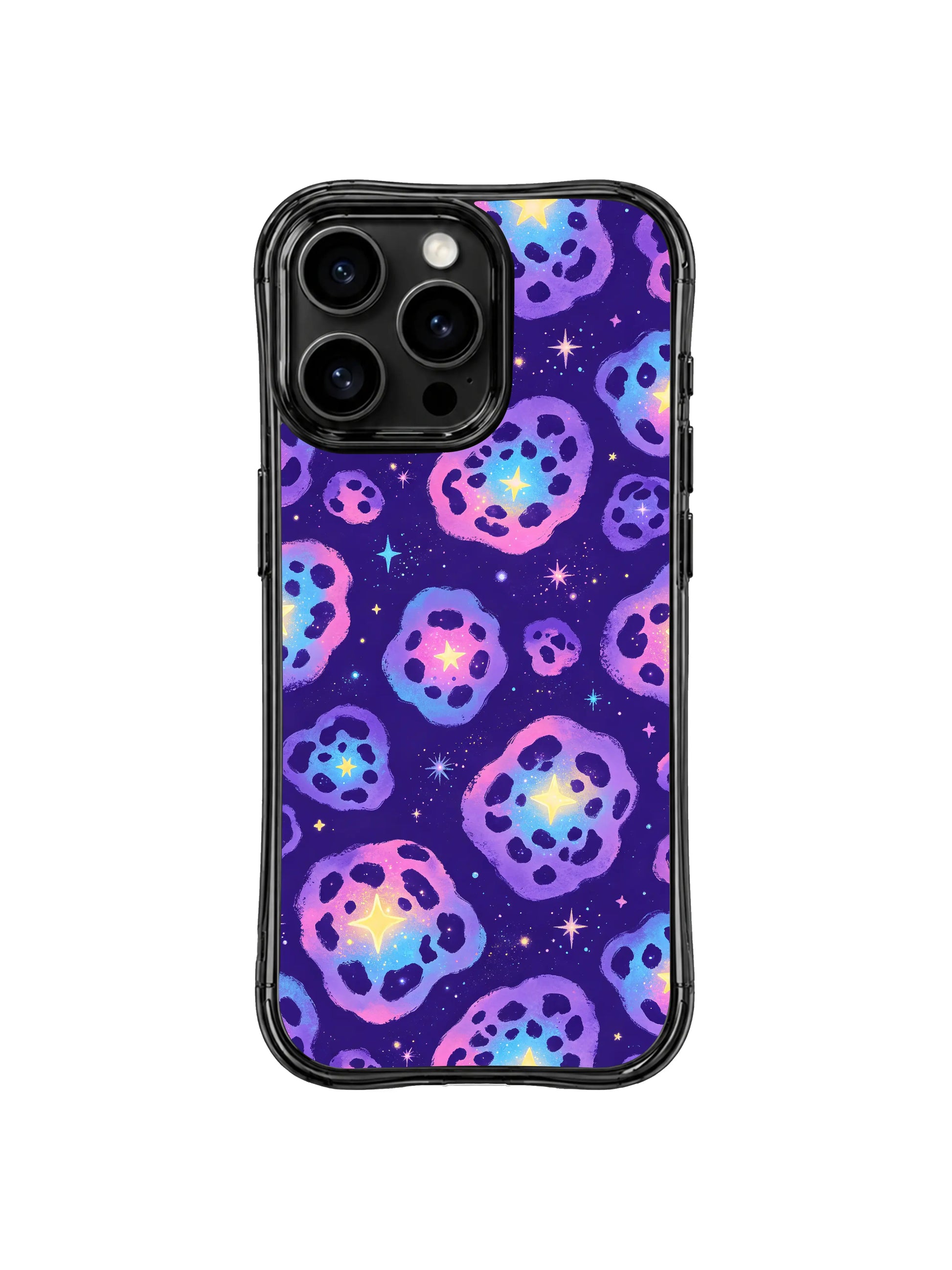 PhoneCasing iPhone 14 Pro Case full seamless repeating pattern overview of Galaxy Nebula watercolor leopard art. Continuous glowing star gradient leopard rosettes on deep space violet base, lightweight slim everyday iPhone 14 Pro casing.
