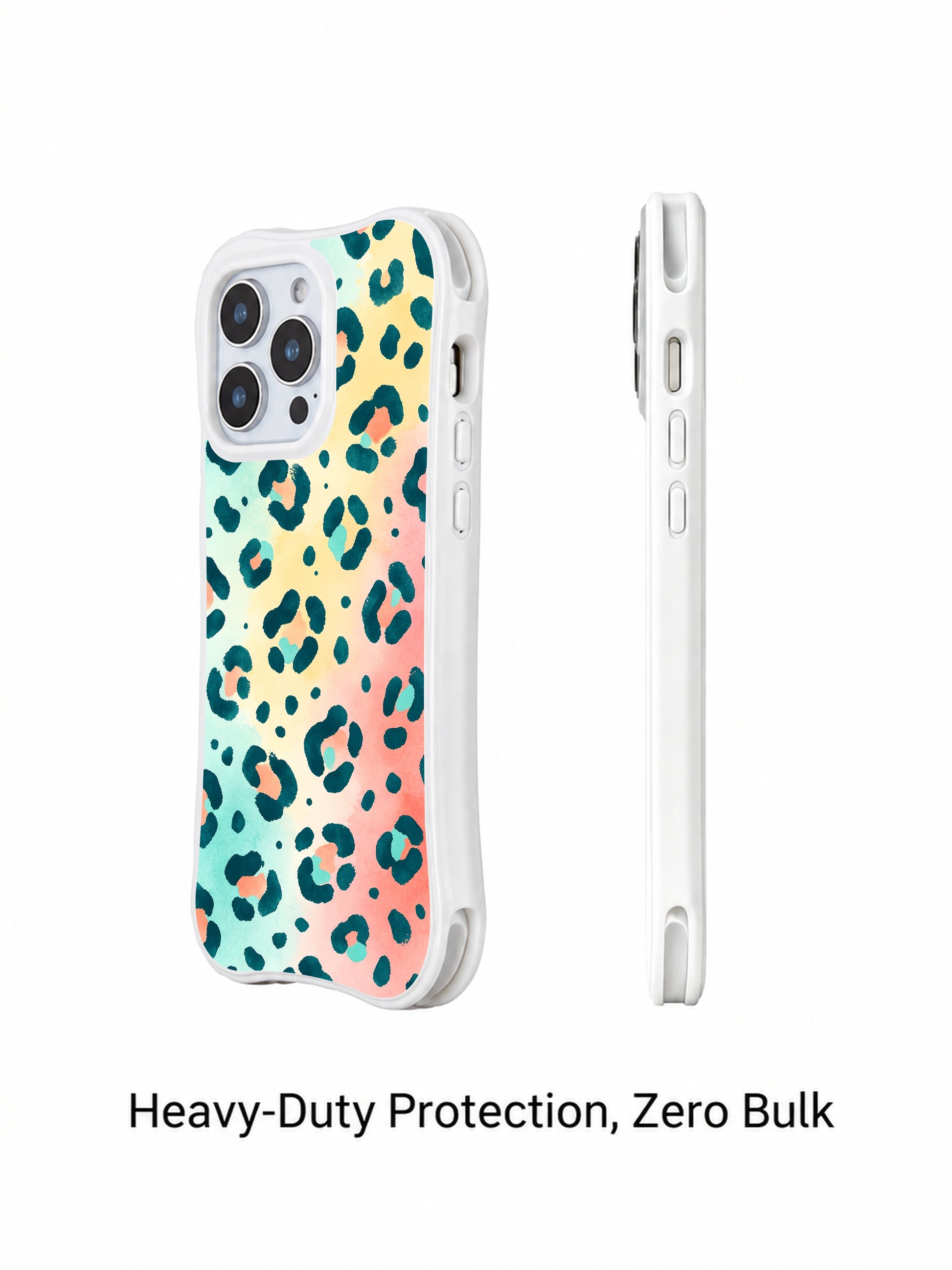 Breezy coastal Salt Shore Leopard PhoneCasing iPhone 14 Pro Case shot on clean white studio background. Soft blended watercolor gradient, organic hand-drawn teal wild spots, limited wearable art for weekend beach and street fashion.