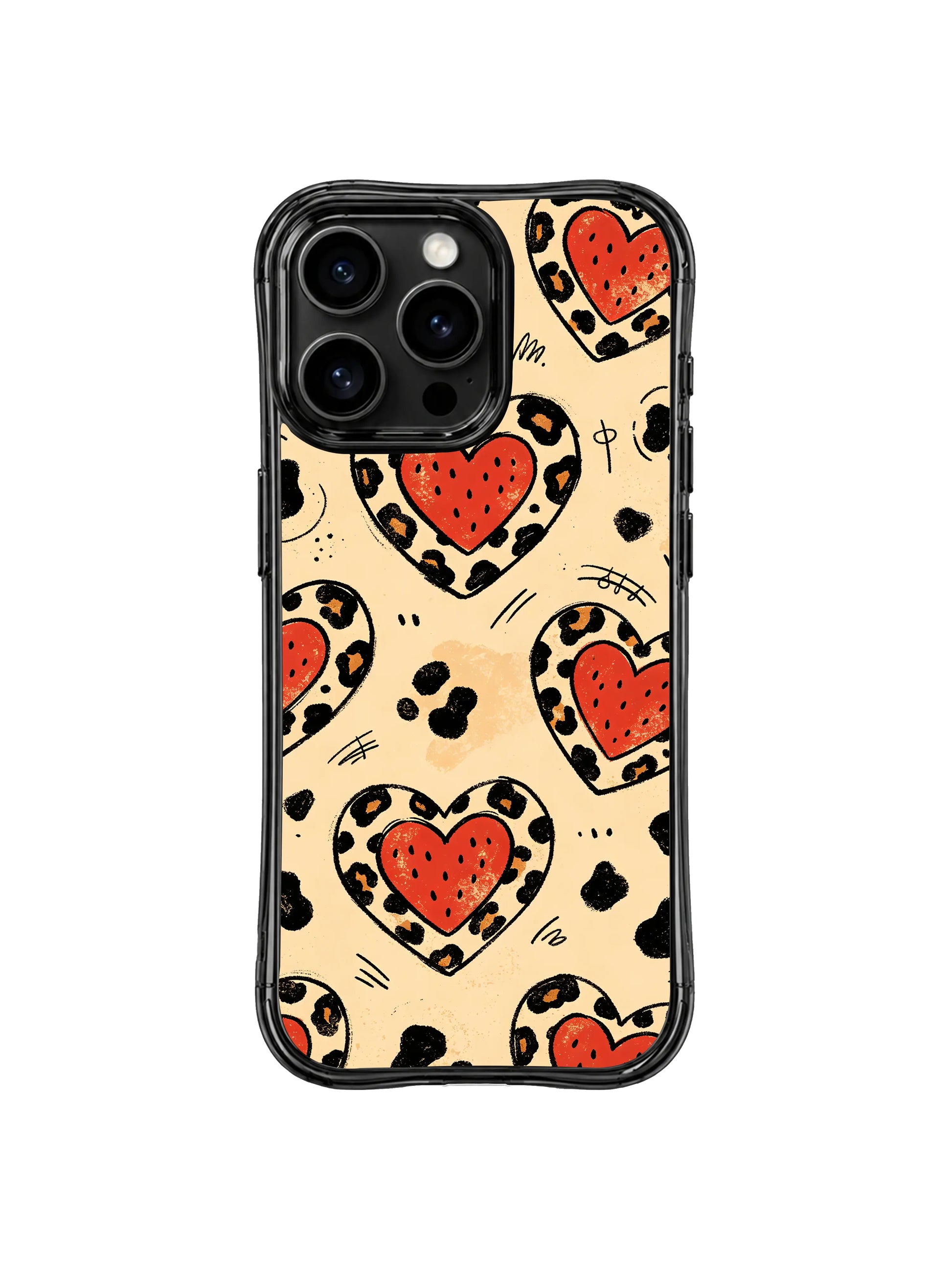 PhoneCasing iPhone 14 Pro Case standalone render of sparse sketch variant Sugar Ranch Leopard from Roxy Wildhart western collection. Minimal scattered heart leopard and tiny paw doodles, clean retro cream base coordinating iPhone 14 Pro casing set piece.