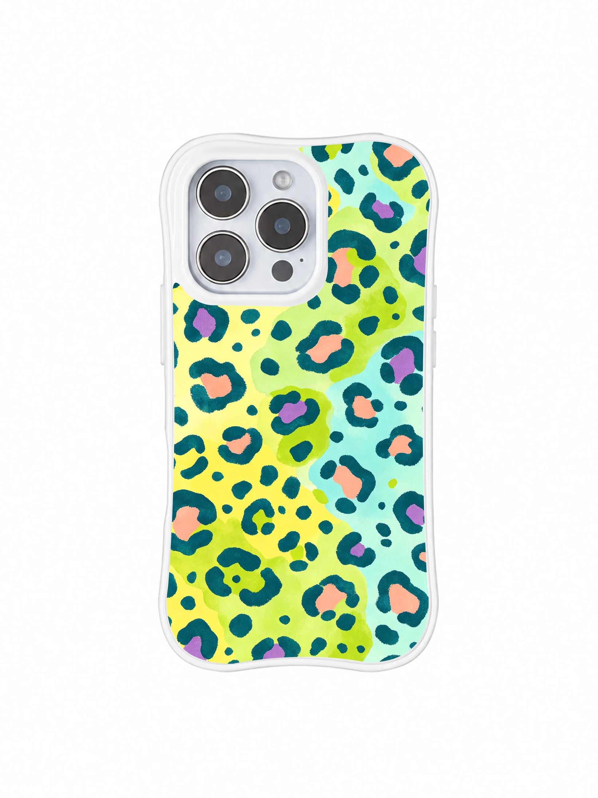 PhoneCasing iPhone 14 Pro Case standalone render of sparse minimal variant Lemon Soda Leopard from Roxy Wildhart summer collection. Widely spaced citrus leopard rosettes with blank pale cream negative space, clean bright base coordinating iPhone 14 Pro casing set piece.