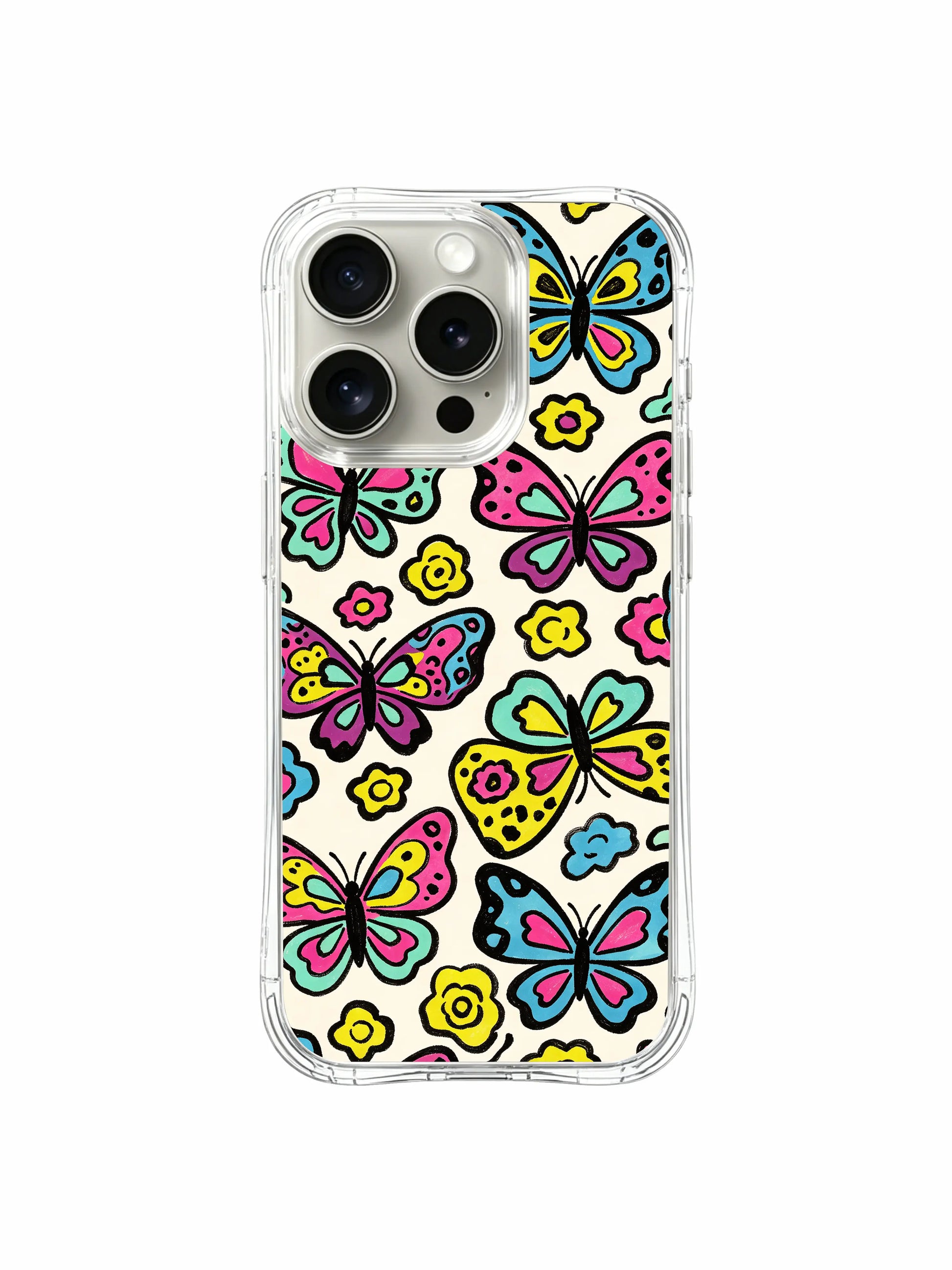 Spring fantasy mixed butterfly-leopard animal print PhoneCasing iPhone 14 Pro Case from the Wild Heart Safari designer collection. Soft cream negative space filled with layered blush, mint and lemon spotted butterfly rosettes, loose textured brushstroke floral swirls, lightweight transparent wavy shockproof bumper.