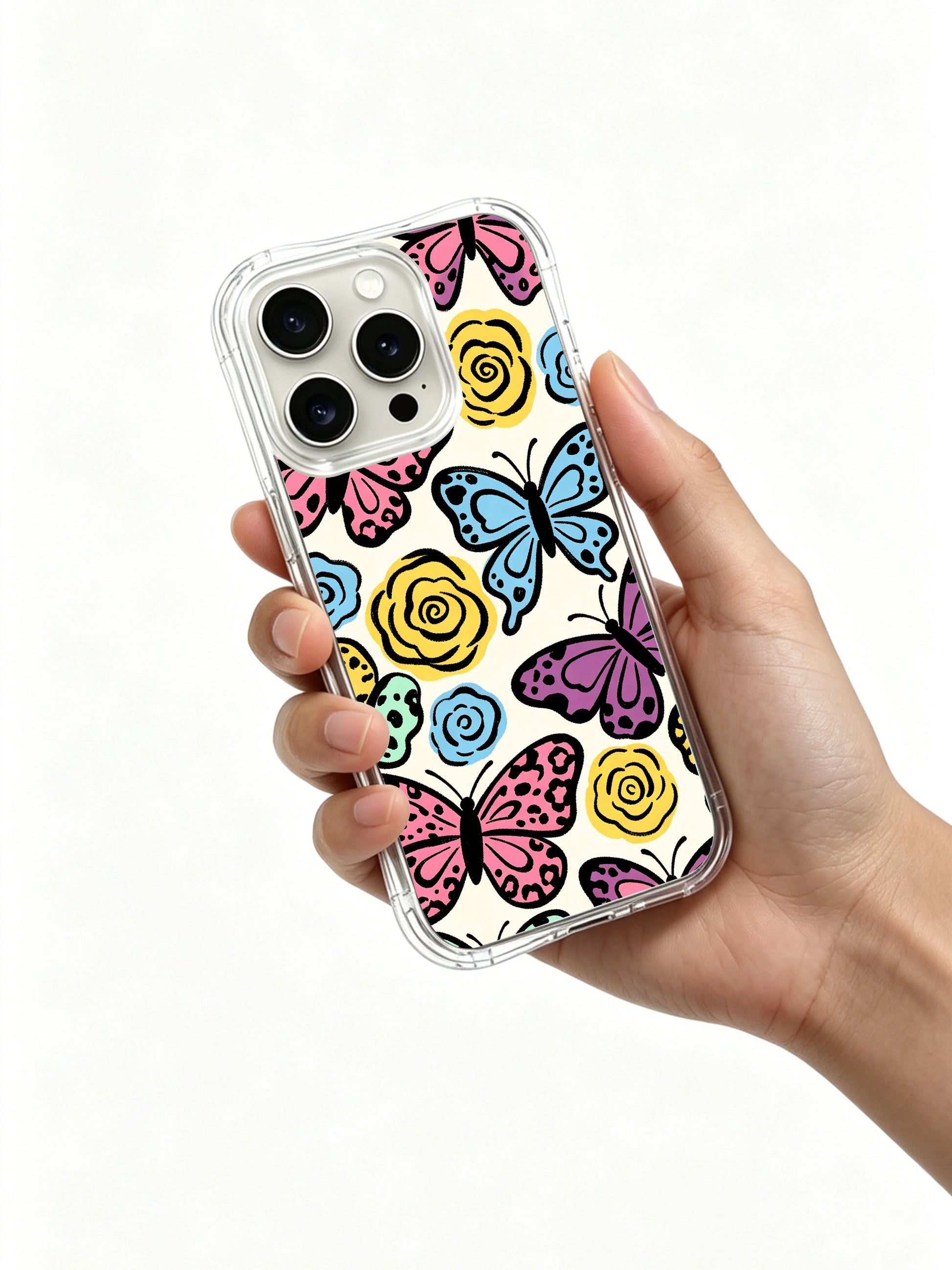 Spring fantasy mixed butterfly-leopard animal print PhoneCasing iPhone 14 Pro Case from the Wild Heart Safari designer collection. Soft cream negative space filled with layered blush, mint and lemon spotted butterfly rosettes, loose textured brushstroke floral swirls, lightweight transparent wavy shockproof bumper.