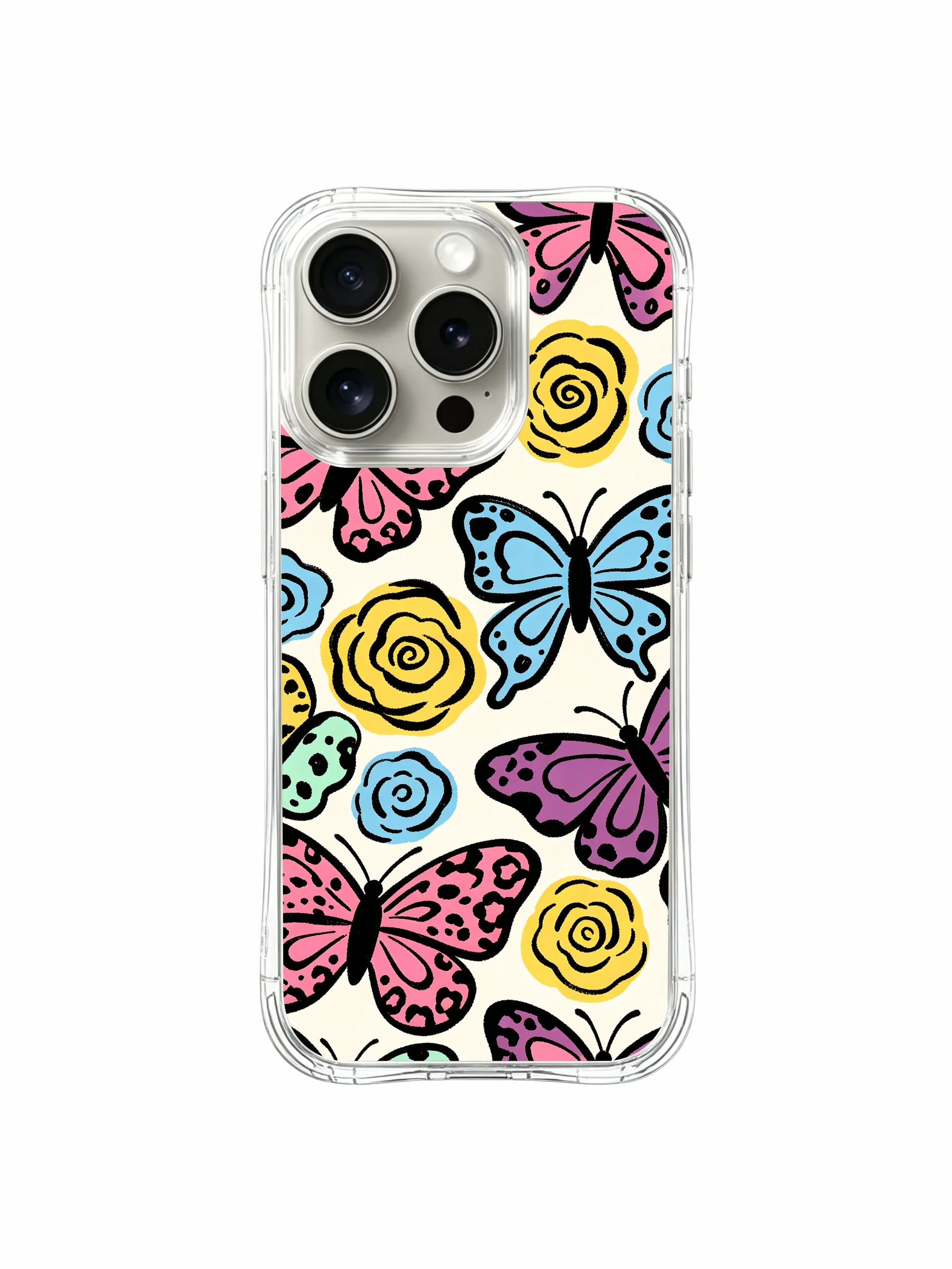 Macro texture shot of PhoneCasing iPhone 14 Pro Case Butterfly Leopard Bloom design. Soft matte cream backdrop, textured hand-drawn pastel butterfly leopard outlines dotted with mini floral blooms, archival fade-resistant ink, playful garden art by Roxy Wildhart.