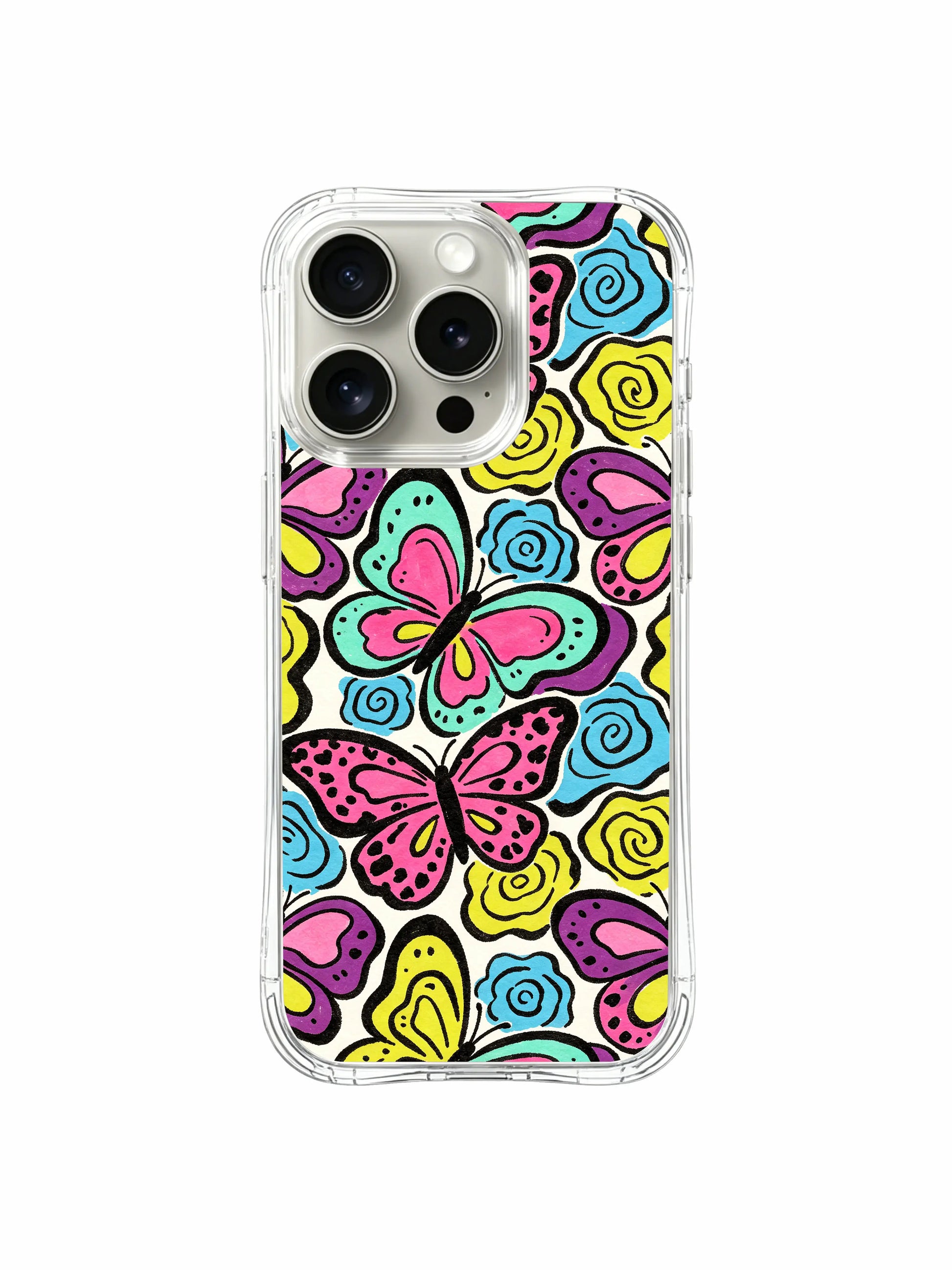 Perfect cheerful spring gift PhoneCasing iPhone 14 Pro Case featuring Roxy Wildhart’s Butterfly Leopard Bloom. Whimsical garden watercolor wild butterfly leopard print filled with pastel bubblegum, mint and sunflower hues, ideal for fans of cottagecore, Y2K and bright feminine statement accessories.