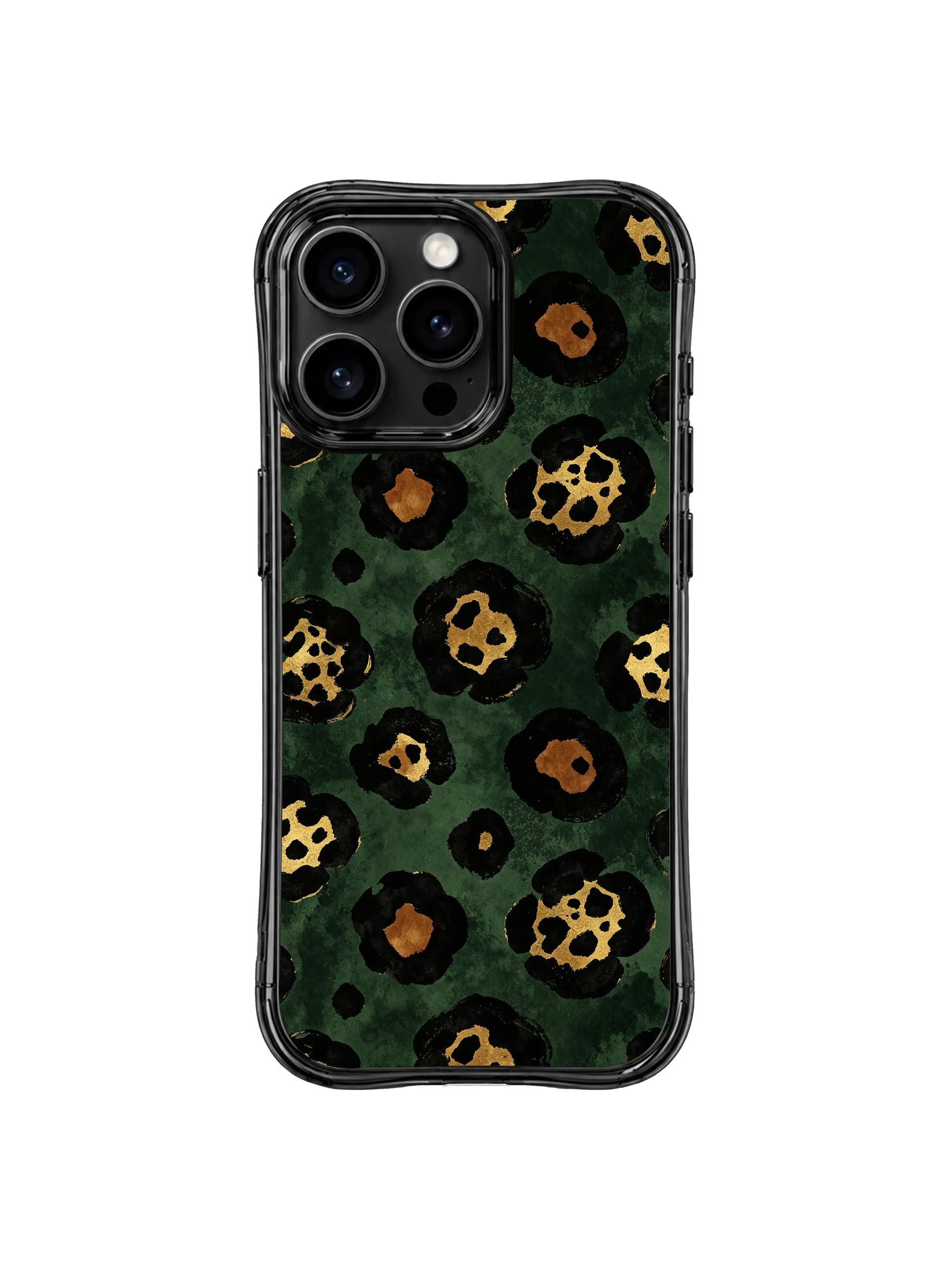 PhoneCasing iPhone 14 Pro Case durability showcase shot, Midnight Academia Leopard scholarly dark graphic. Smooth glossy anti-microbial wavy black bumper, stain & scratch resistant finish, permanent forest-toned leopard watercolor print.