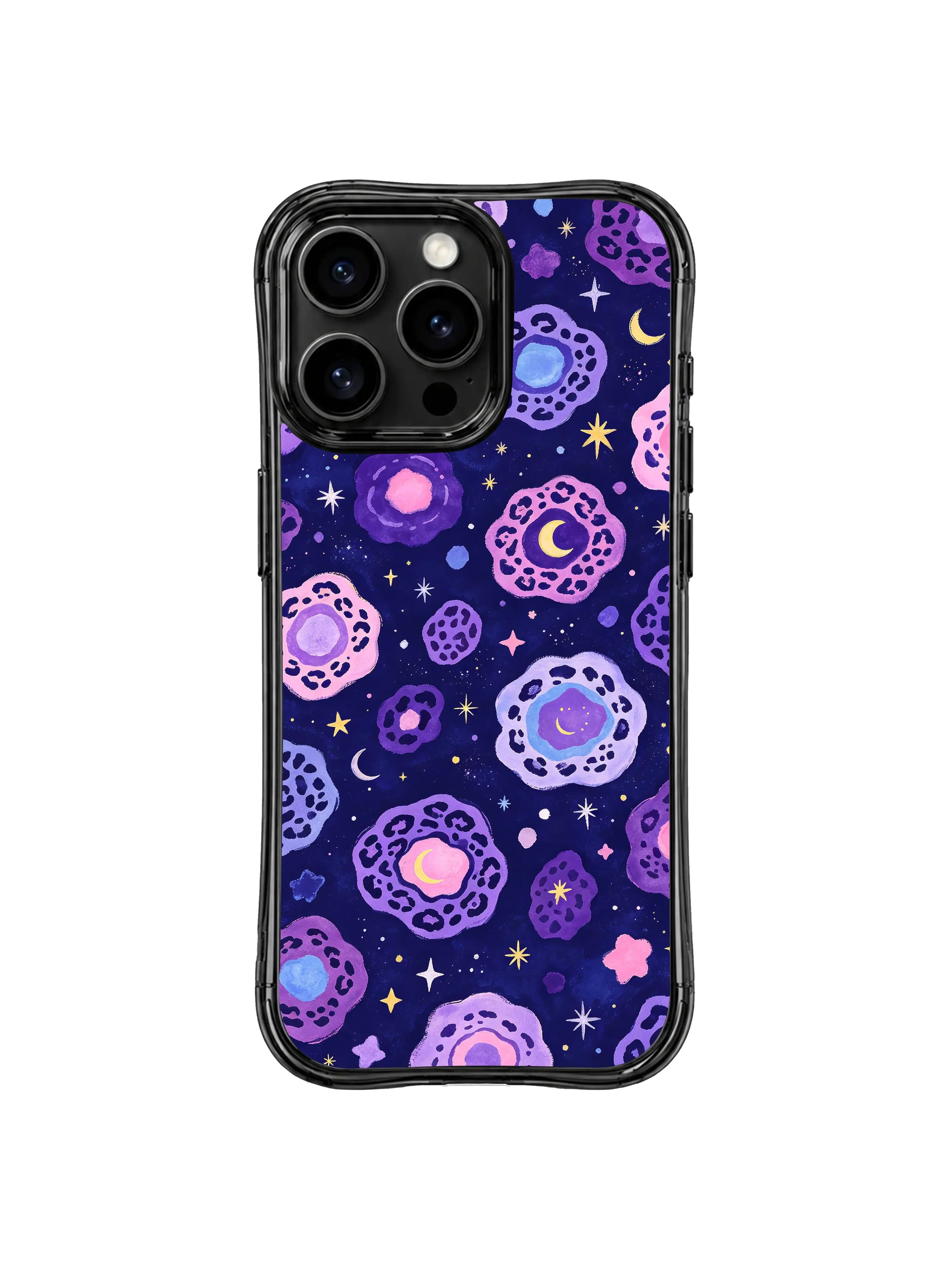 Material durability showcase of scratch & stain resistant PhoneCasing iPhone 14 Pro Case Moon Leopard Whisper. Smooth glossy anti-microbial black wavy clear surface, withstands daily pocket and bag friction, permanent mystical galaxy moon leopard watercolor print with zero fading.