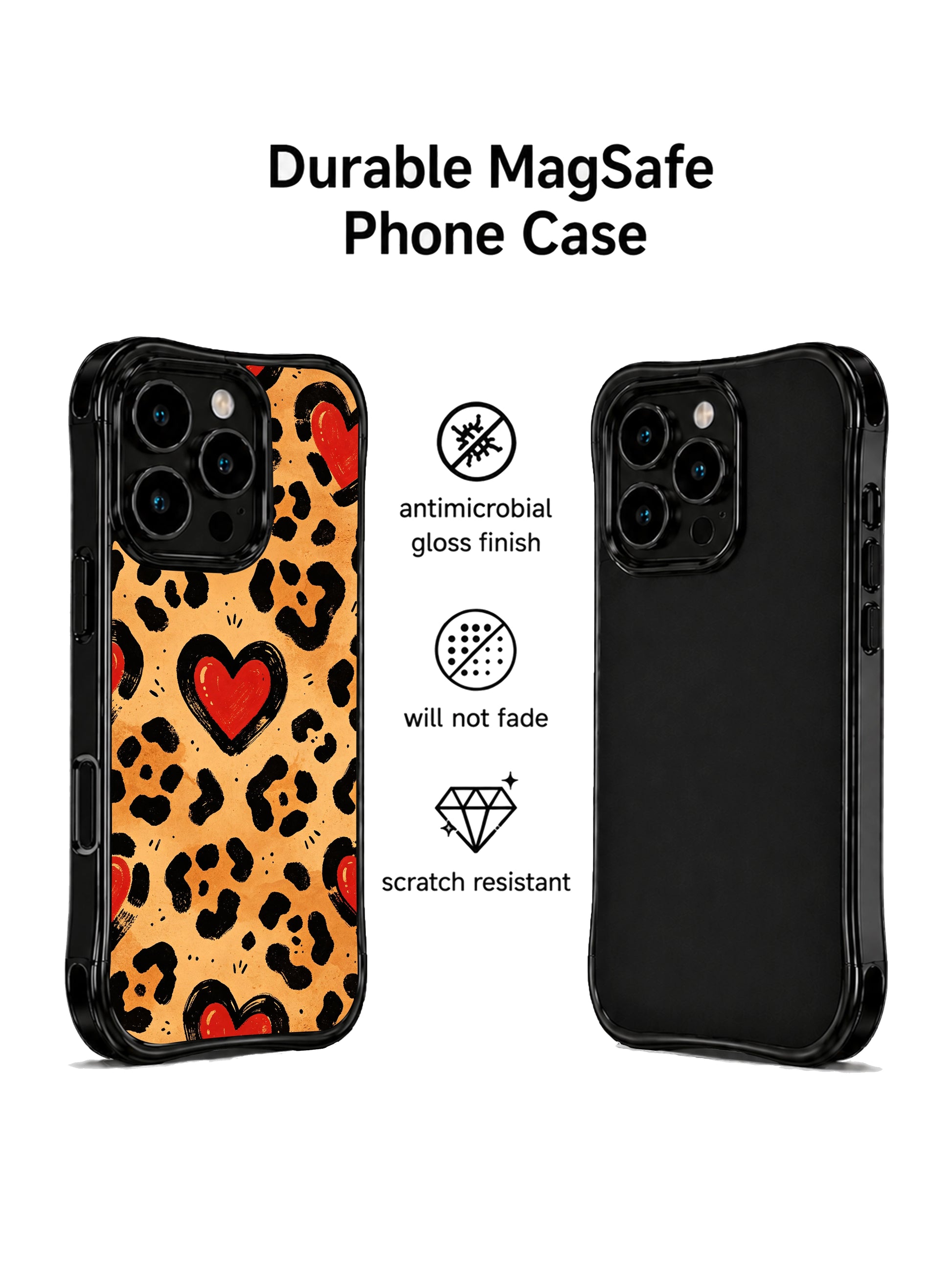 PhoneCasing iPhone 14 Pro Case featuring retro cowboy leopard heart seamless pattern. Textured tan leather-look background, hand-sketched red love hearts mixed with wild animal print, slim wavy black shockproof frame, country western graphic design.