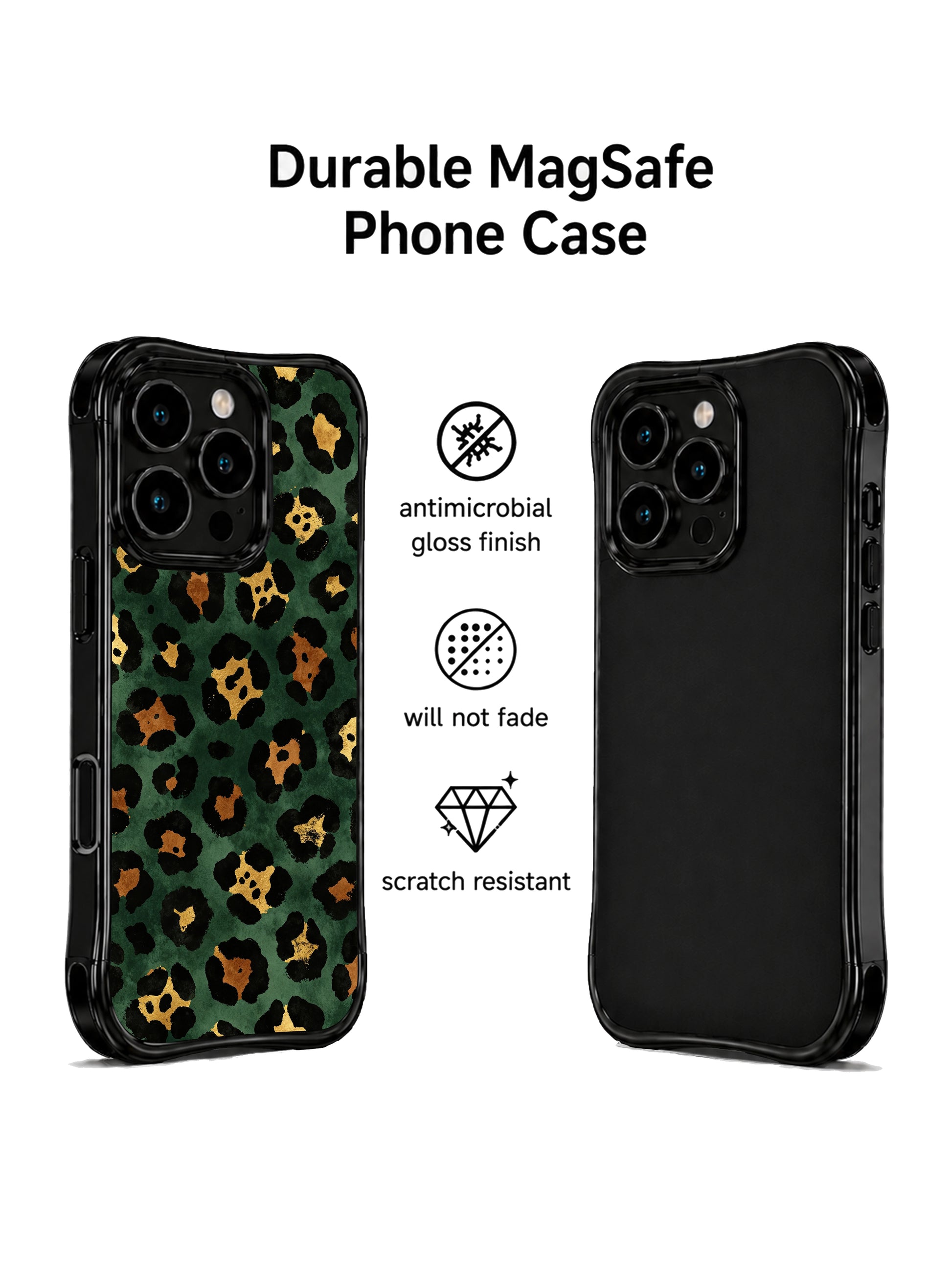 PhoneCasing iPhone 14 Pro Case macro texture shot of Midnight Academia Leopard artwork. Painterly uneven black leopard outlines, distressed deep green watercolor wash, shimmering bronze gold center accents, fade-resistant archival ink, Wild Heart Safari artist collection.
