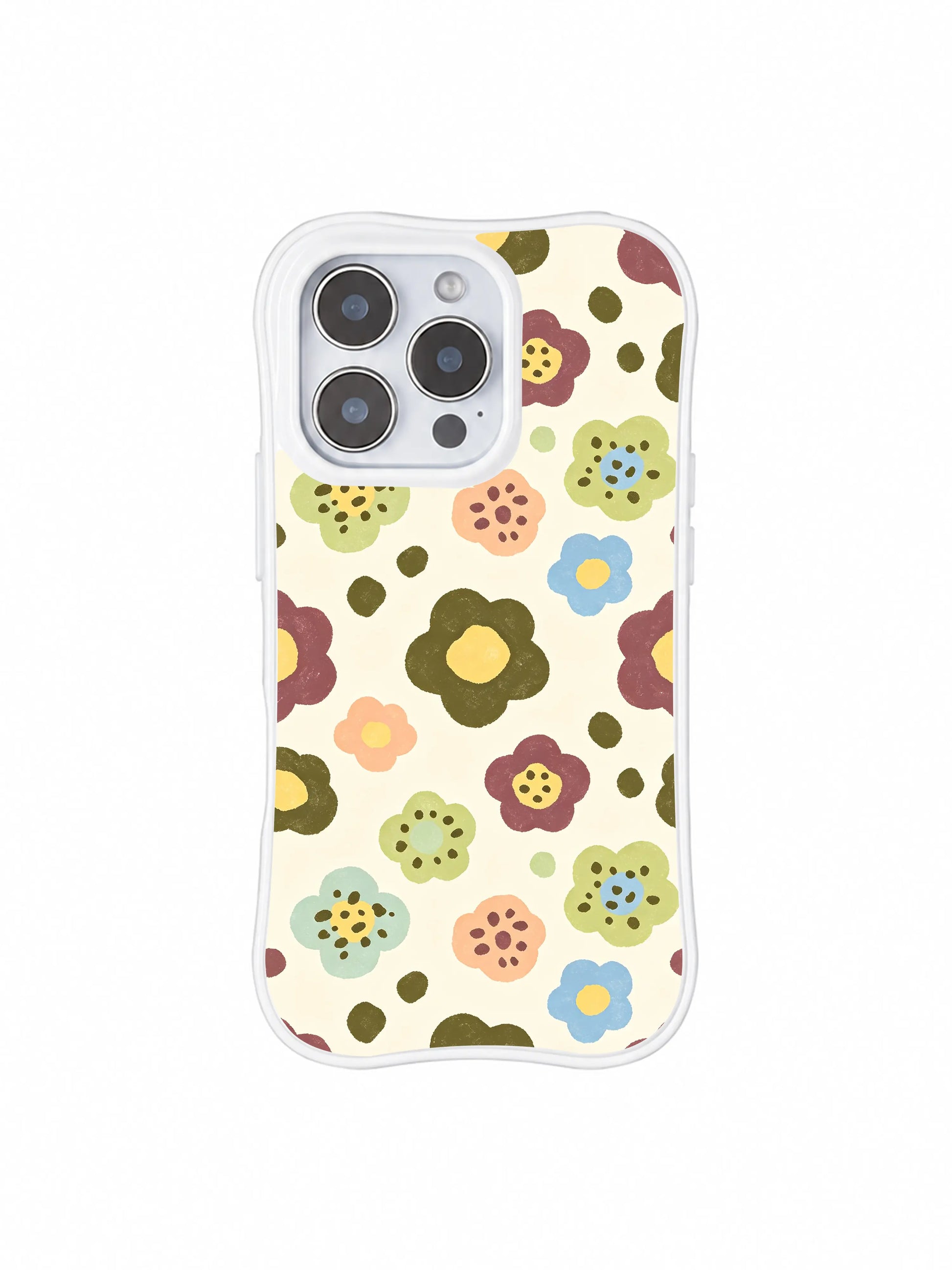 PhoneCasing iPhone 14 Pro Case macro texture shot of Morning Bloom Leopard artwork. Soft uneven brushstroke flower leopard shapes, warm vintage pastel multi-tone fills, fade-resistant archival print, Wild Heart Safari artist collection.
