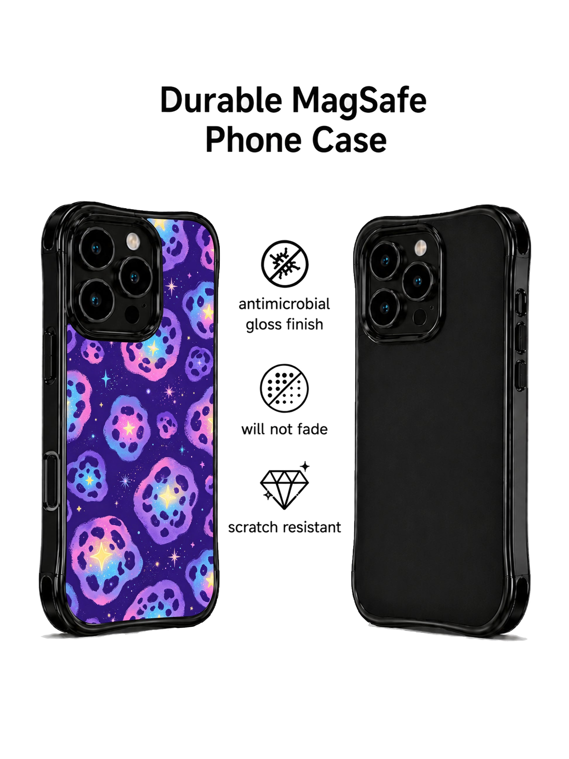 PhoneCasing iPhone 14 Pro Case macro texture close-up of Galaxy Leopard nebula watercolor print. Soft blended purple-pink-blue gradient washes, scattered tiny cosmic dust specks, fade-resistant pigment premium printed iPhone 14 Pro casing handmade in California.
