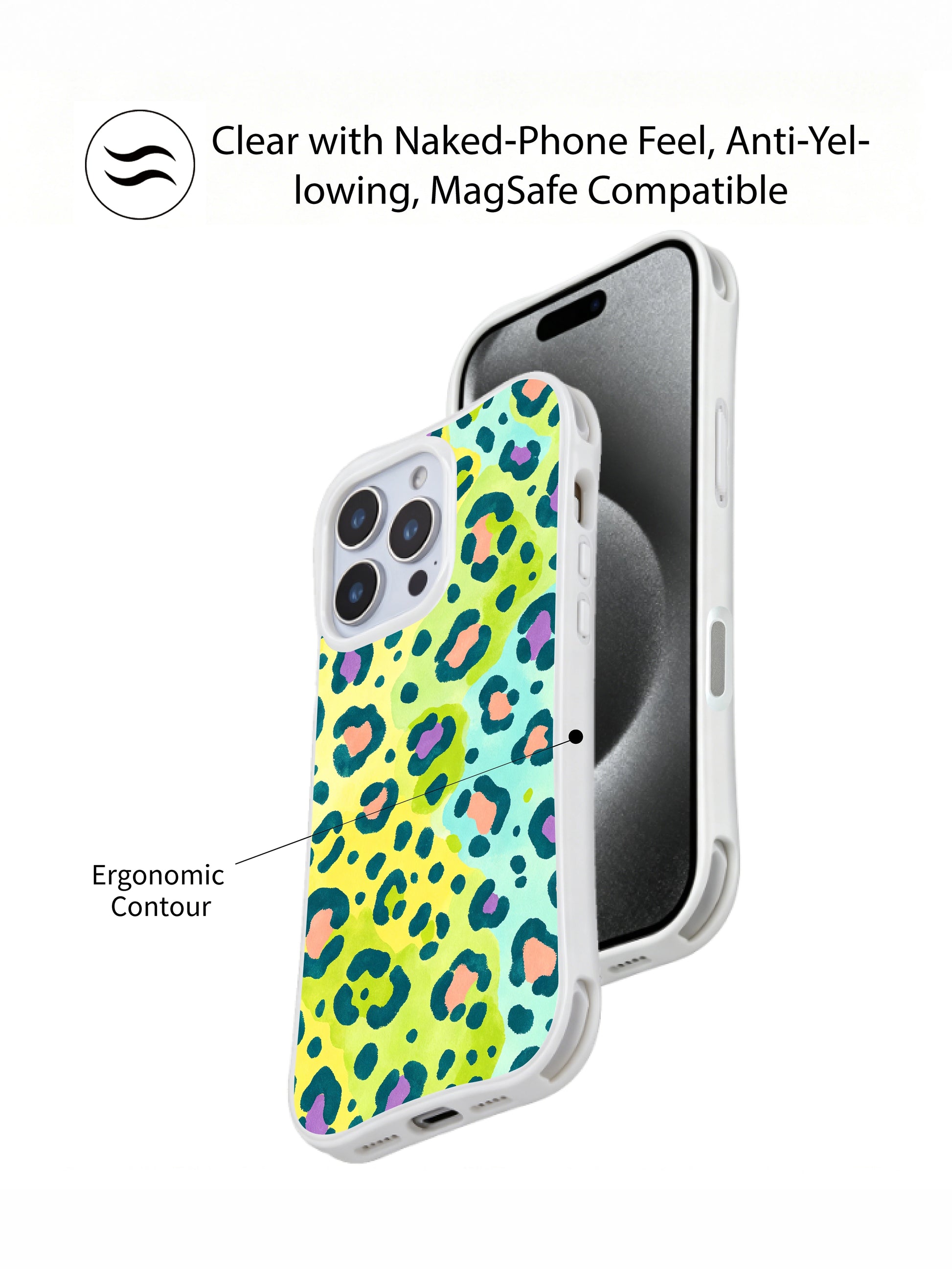 PhoneCasing iPhone 14 Pro Case macro texture close-up of Lemon Soda Leopard citrus watercolor print. Transparent blended fresh pastel washes, organic hand-drawn leopard edges, fade-resistant pigment premium printed iPhone 14 Pro casing handmade in California.