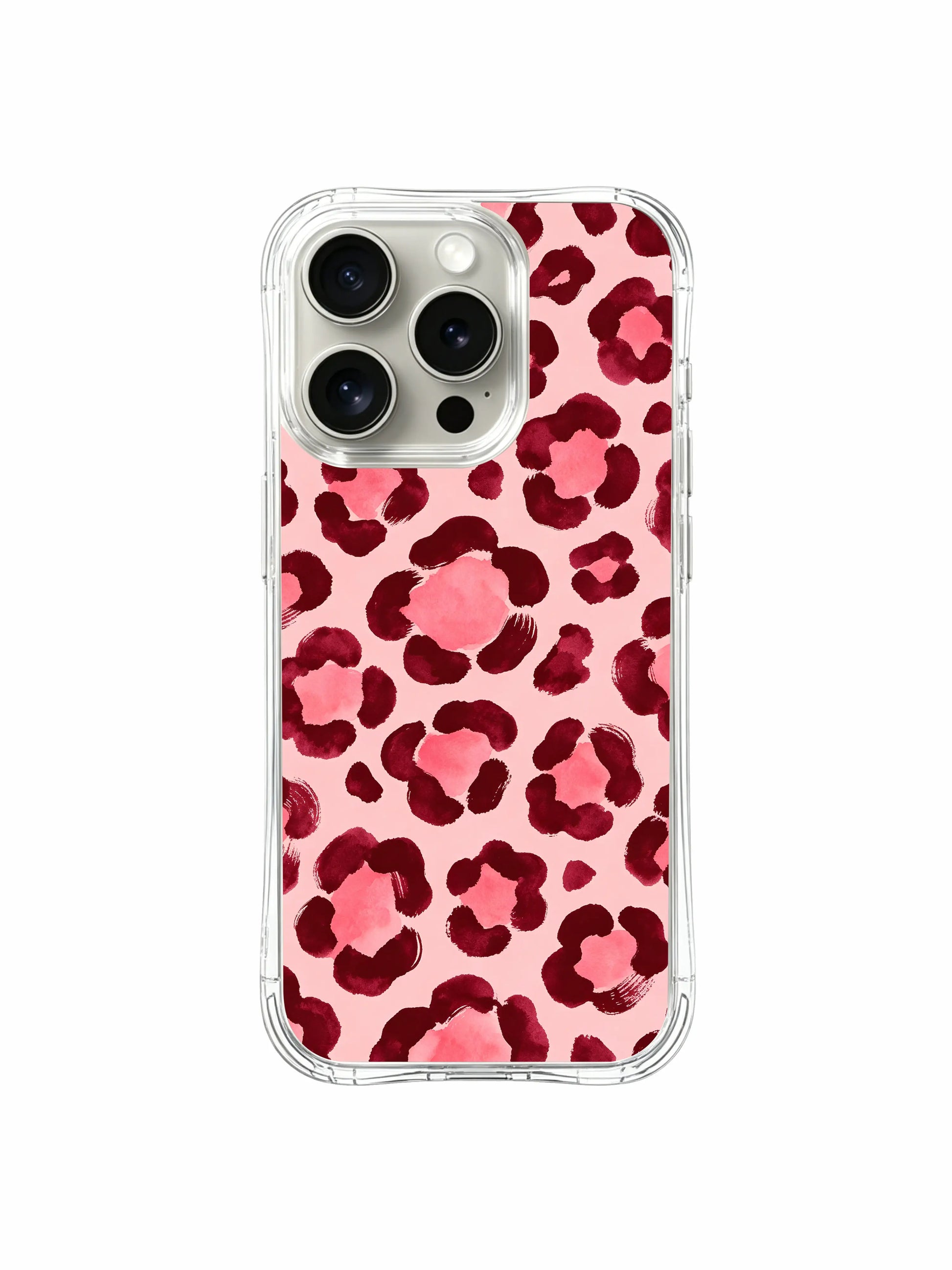 PhoneCasing iPhone 14 Pro Case macro texture close-up of Burgundy Rose Leopard floral watercolor print. Soft blurred gradient brush edges, organic hand-painted leopard rosettes, fade-resistant pigment premium printed iPhone 14 Pro casing handmade in California.