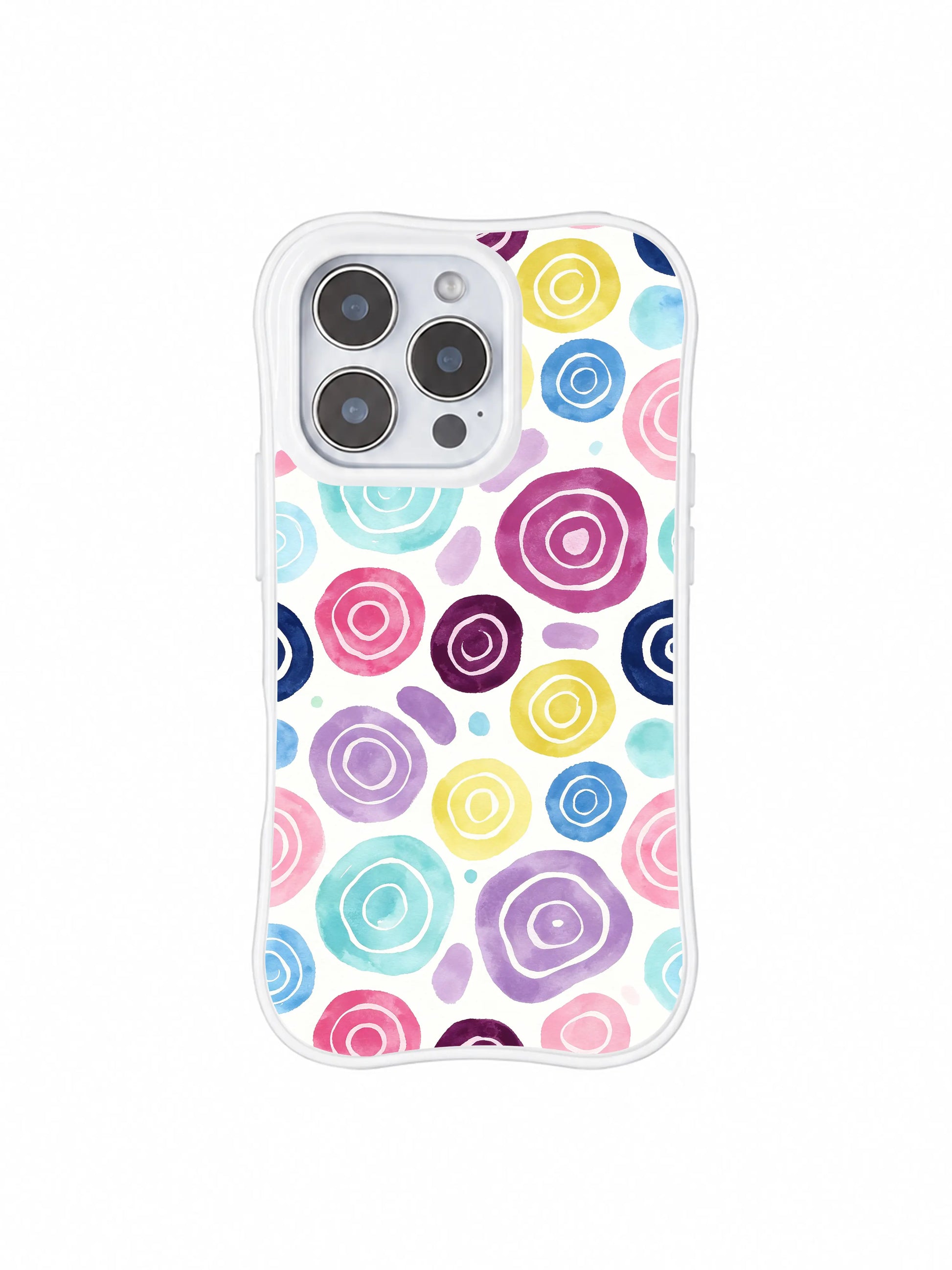 PhoneCasing iPhone 14 Pro Case standalone render of matching spiral rose watercolor print from Roxy Wildhart Moon Berry collection. Swirl floral circle spots in matching berry gradient palette, coordinating iPhone 14 Pro casing set piece.
