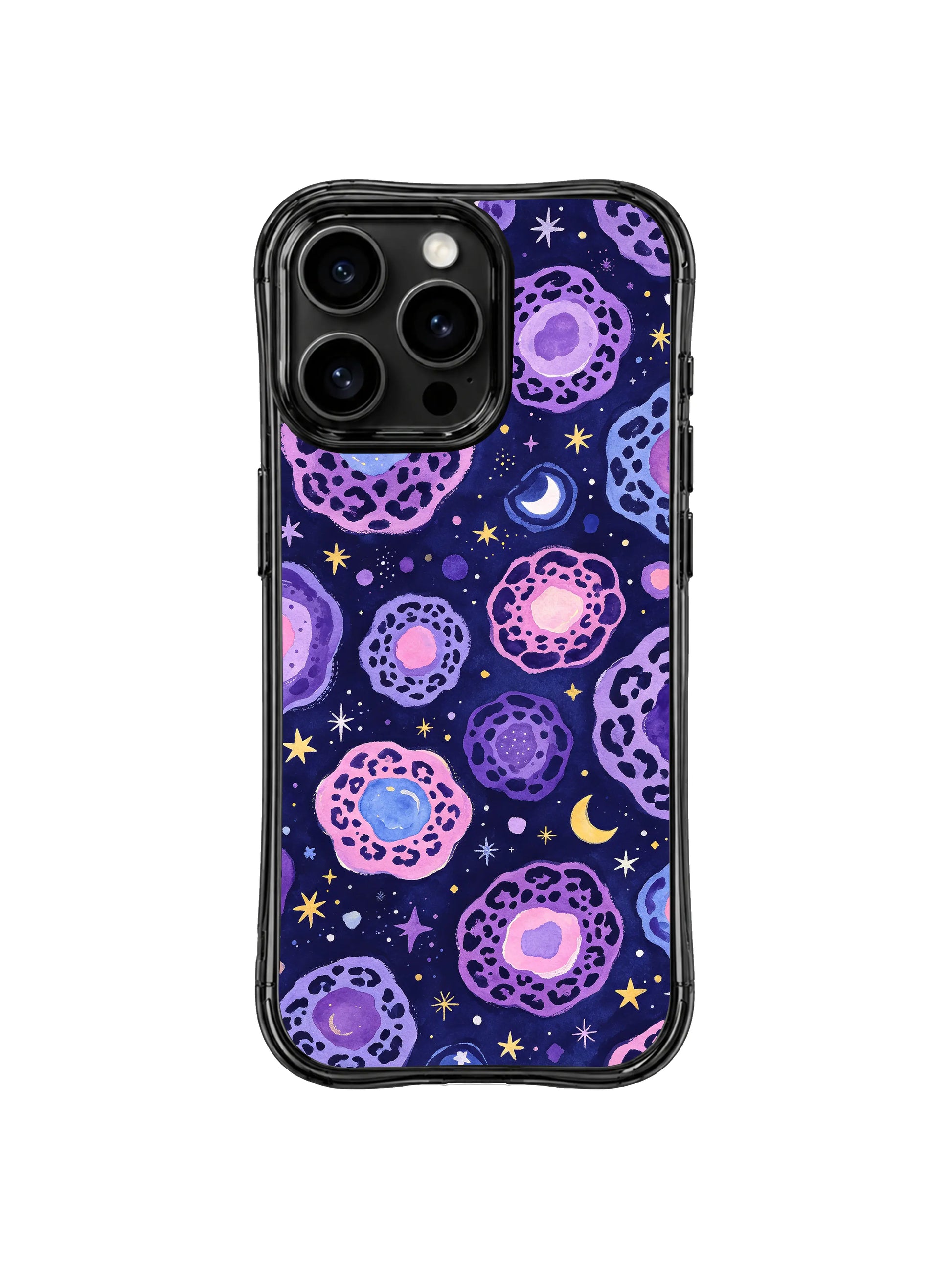 Wearable dreamy fantasy celestial watercolor art PhoneCasing iPhone 14 Pro Case shot on plain white studio backdrop. Moon Leopard Whisper indigo night sky leopard print with tiny moons and starbursts, imaginative otherworldly character, official part of Roxy Wildhart Wild Heart Safari artist series.