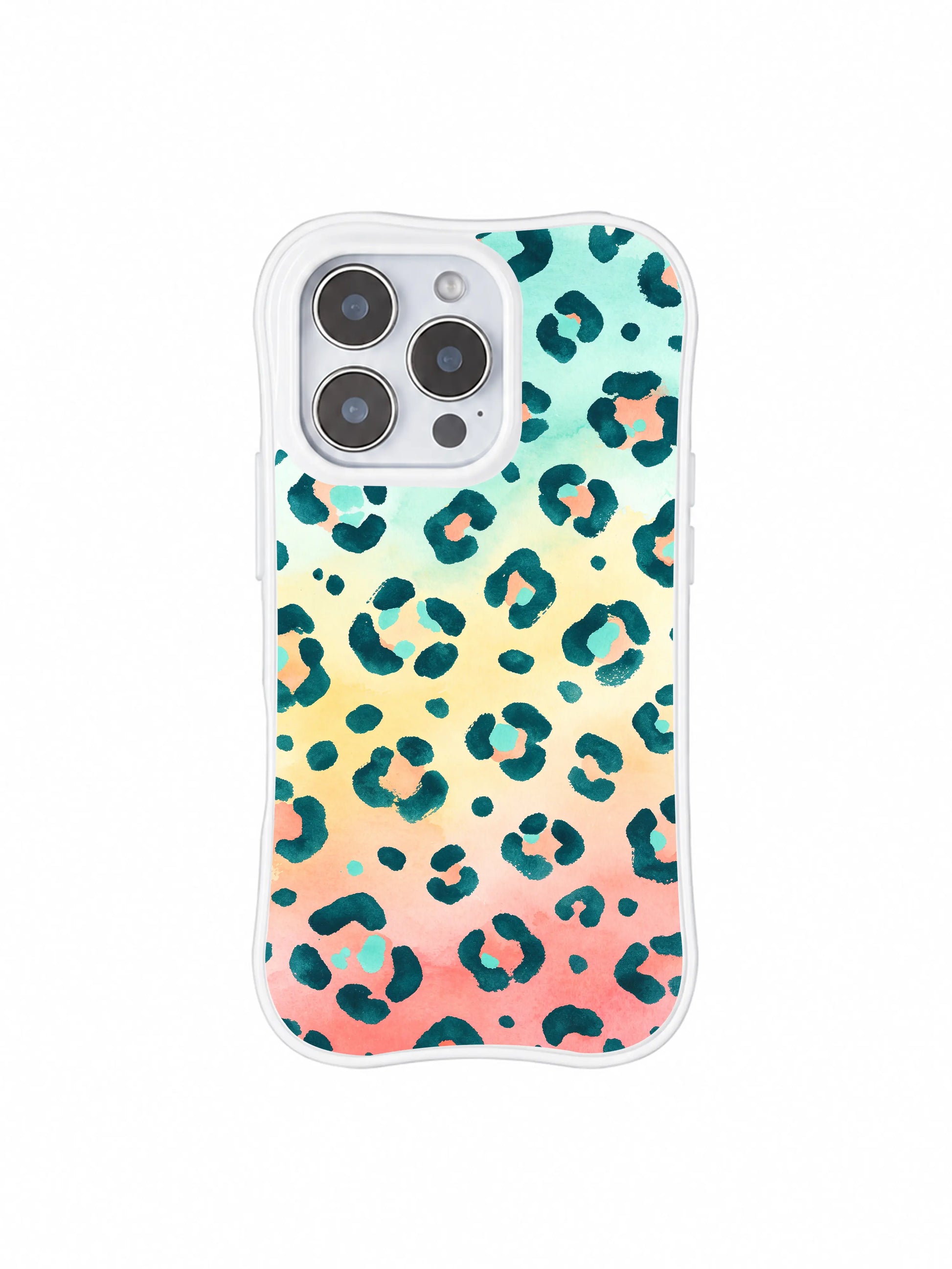 Wearable relaxed tropical watercolor art PhoneCasing iPhone 14 Pro Case shot on plain white studio backdrop. Salt Shore mint-coral gradient leopard print, light carefree vacation character, part of Roxy Wildhart Wild Heart Safari series.