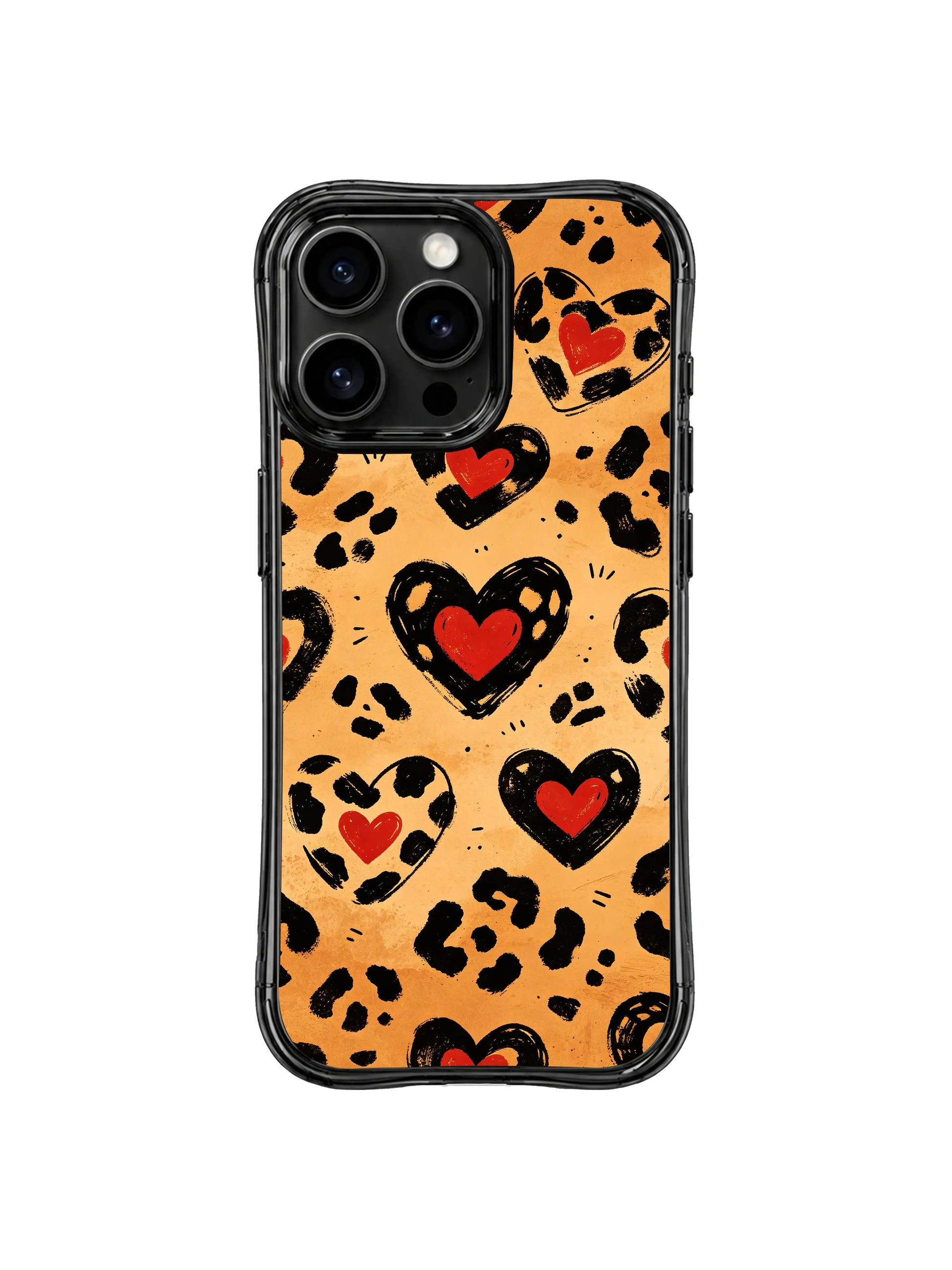PhoneCasing iPhone 14 Pro Case clean white studio shot wearable retro western watercolor art. Western Heart Leopard seamless print with tan desert base, rugged black leopard spots and bold red cowboy embroidery hearts, official Wild Heart Safari artist line.