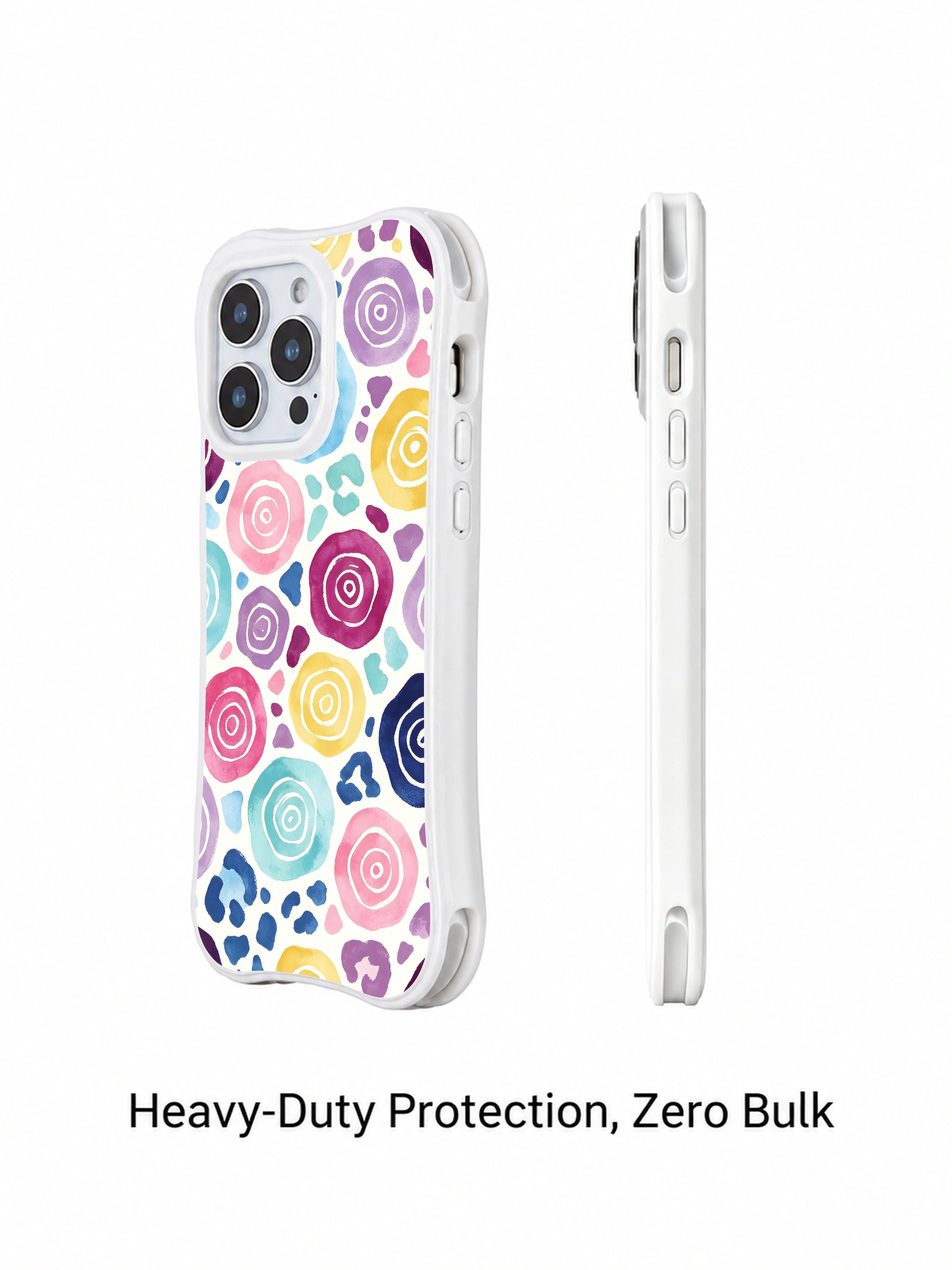 PhoneCasing iPhone 14 Pro Case side ergonomic profile view showcasing white wavy shockproof edge. Moon Berry Heart Leopard rainbow gradient heart spot print, precise button and camera cutouts, slim anti-yellow iPhone 14 Pro casing.
