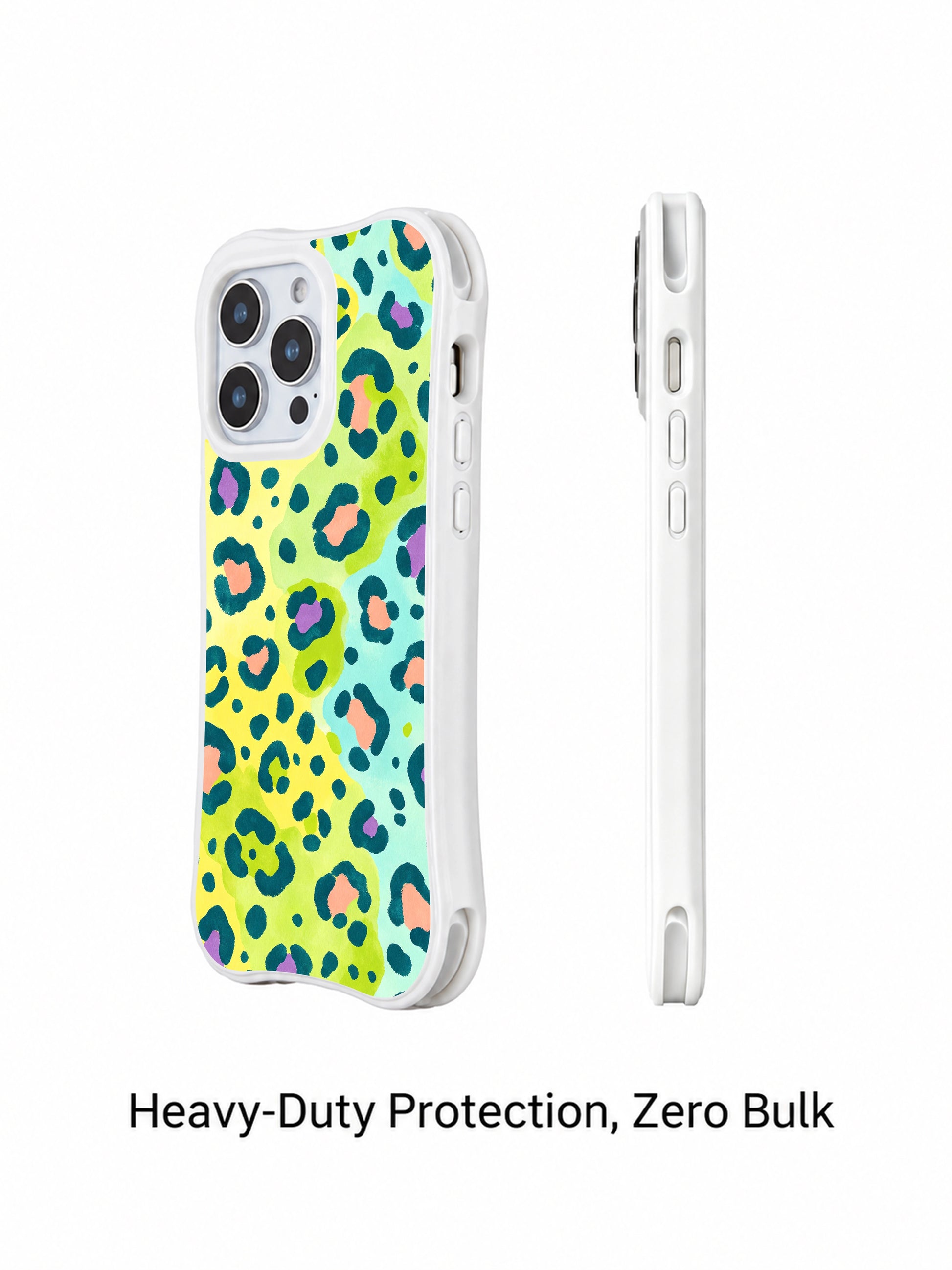 PhoneCasing iPhone 14 Pro Case side ergonomic profile view showcasing glossy white wavy shockproof edge. Bright citrus lemon soda watercolor leopard print, precise triple camera and button cutouts, slim anti-smudge daily use iPhone 14 Pro casing.