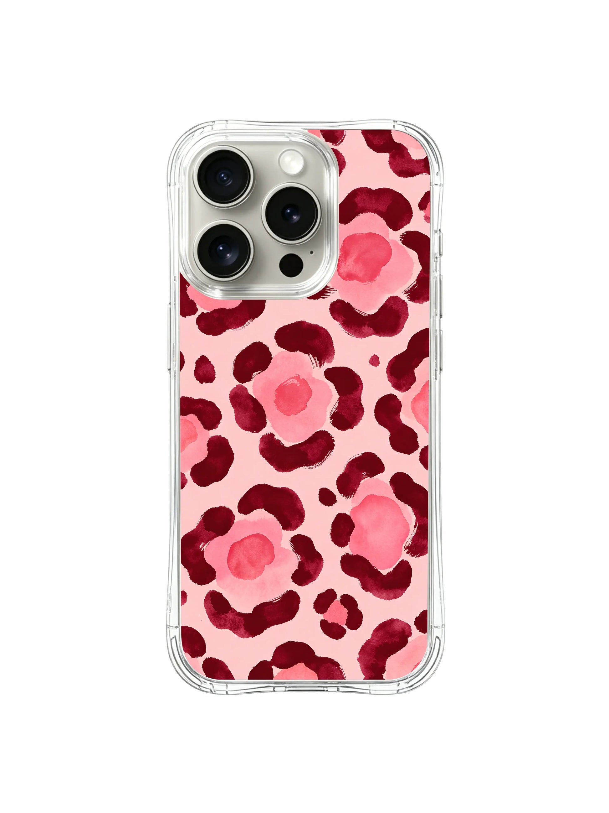 PhoneCasing iPhone 14 Pro Case limited Roxy Wildhart artist collaboration casing featuring Burgundy Rose Leopard romantic floral design. Balanced soft blush base and deep wine floral leopard print, sophisticated evening style iPhone 14 Pro protective shell.