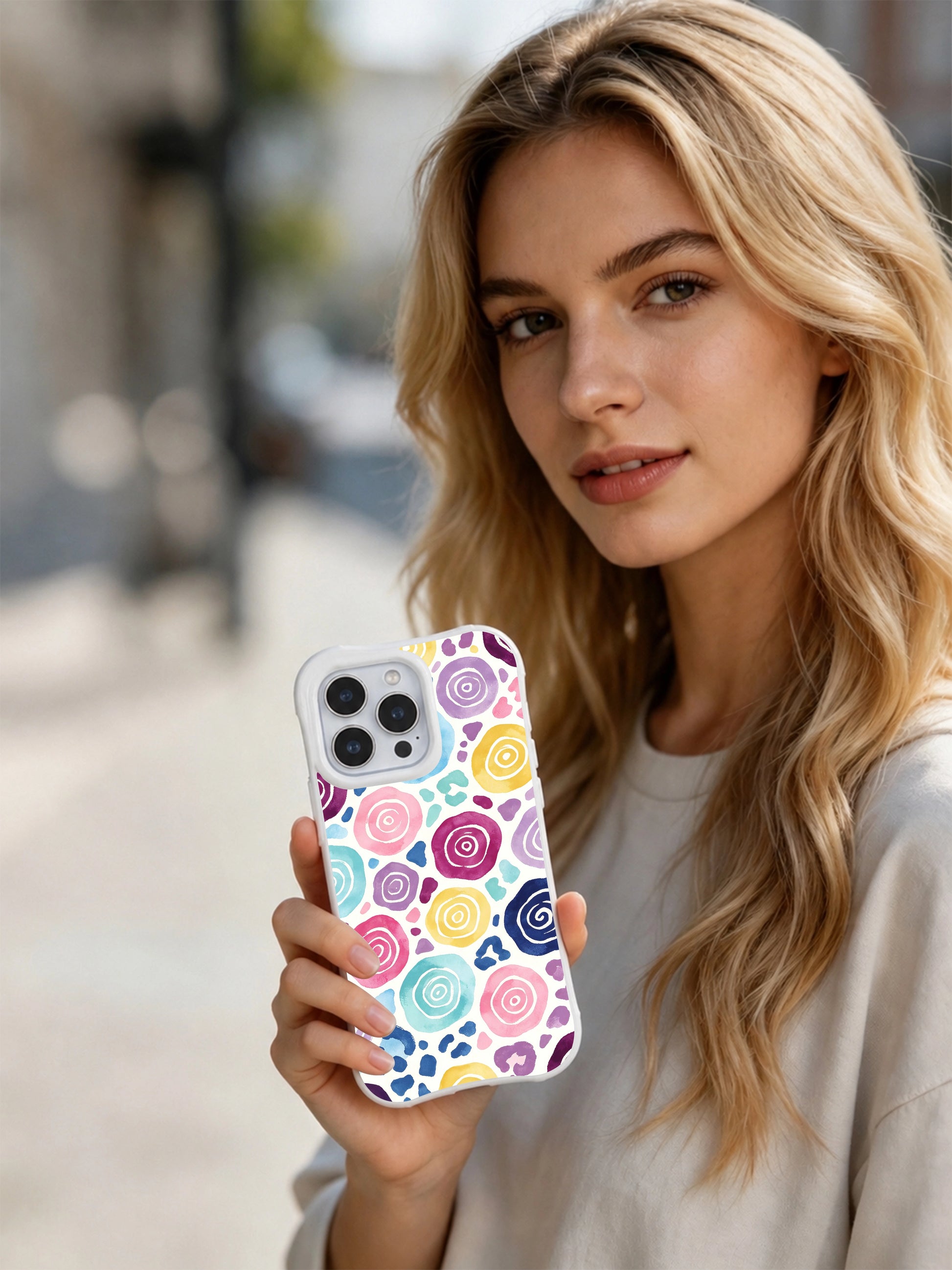PhoneCasing iPhone 14 Pro Case limited Roxy Wildhart artist collaboration casing featuring Moon Berry Heart Leopard design. Sweet yet rebellious heart leopard motif, retro multicolor gradient wash, cottagecore indie style iPhone 14 Pro protective shell.