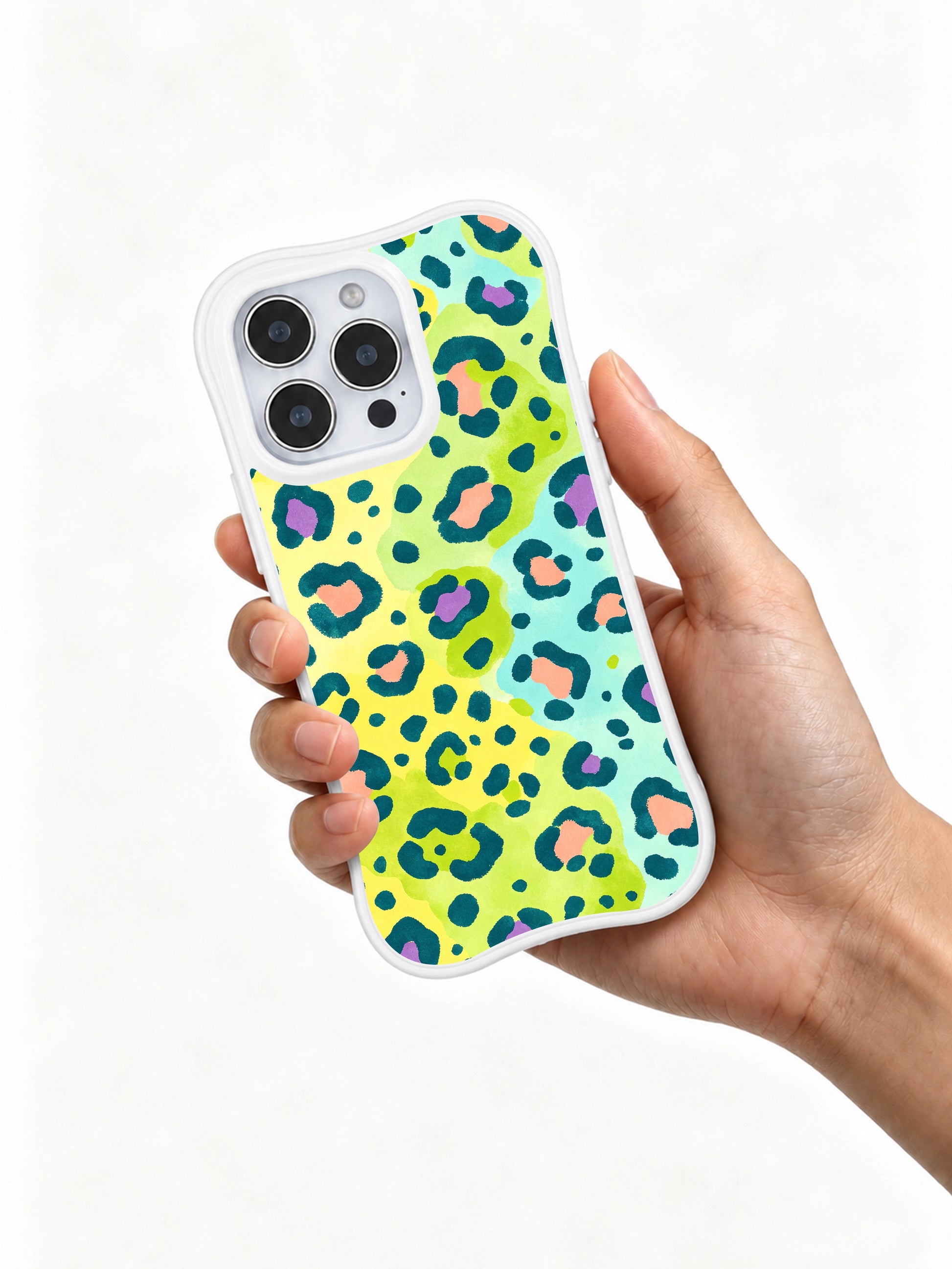 PhoneCasing iPhone 14 Pro Case limited Roxy Wildhart artist collaboration casing featuring Lemon Soda Leopard summer citrus design. Balanced soft pale cream base and fresh pastel leopard print, upbeat vacation style iPhone 14 Pro protective shell.