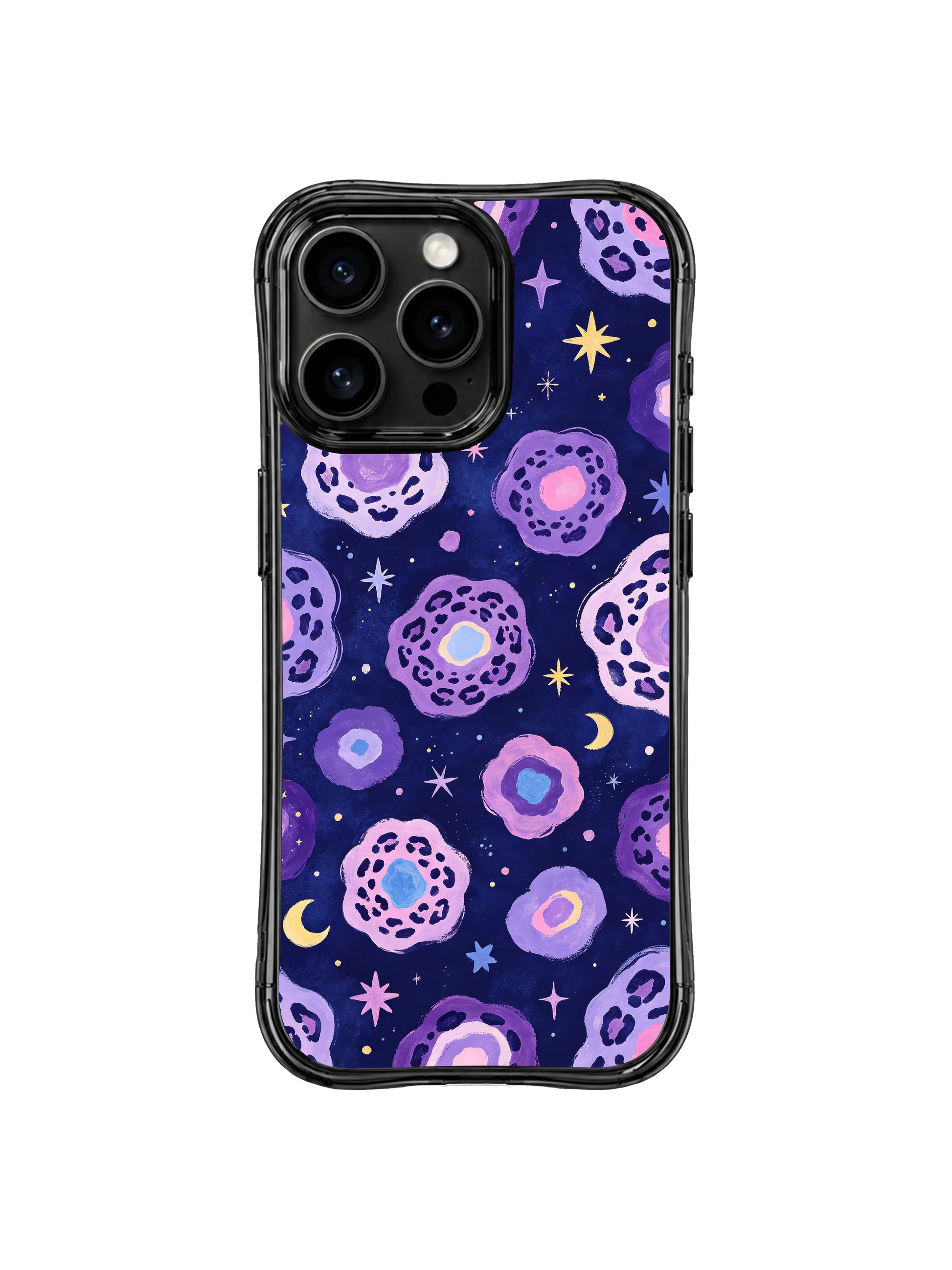 Women’s imaginative cosmic self-expression PhoneCasing iPhone 14 Pro Case, rich midnight indigo base with layered pastel moon leopard borders dotted with tiny star accents. Slim glossy black wavy shockproof frame, mystical night dreamscape mood for unique everyday statement styling.