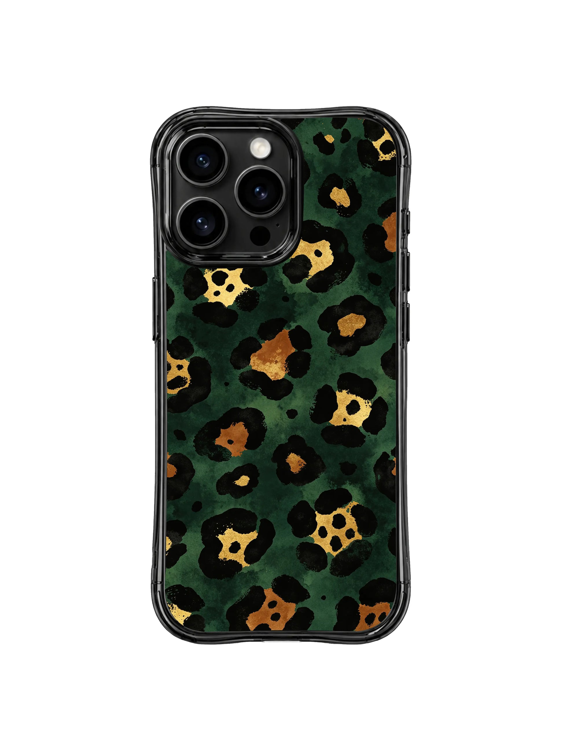 PhoneCasing iPhone 14 Pro Case women’s minimalist dark academia statement casing, Midnight Academia Leopard graphic. Aged notebook forest green base, rough hand-drawn black leopard outlines, muted metallic bronze gold centers, slim glossy wavy black frame.
