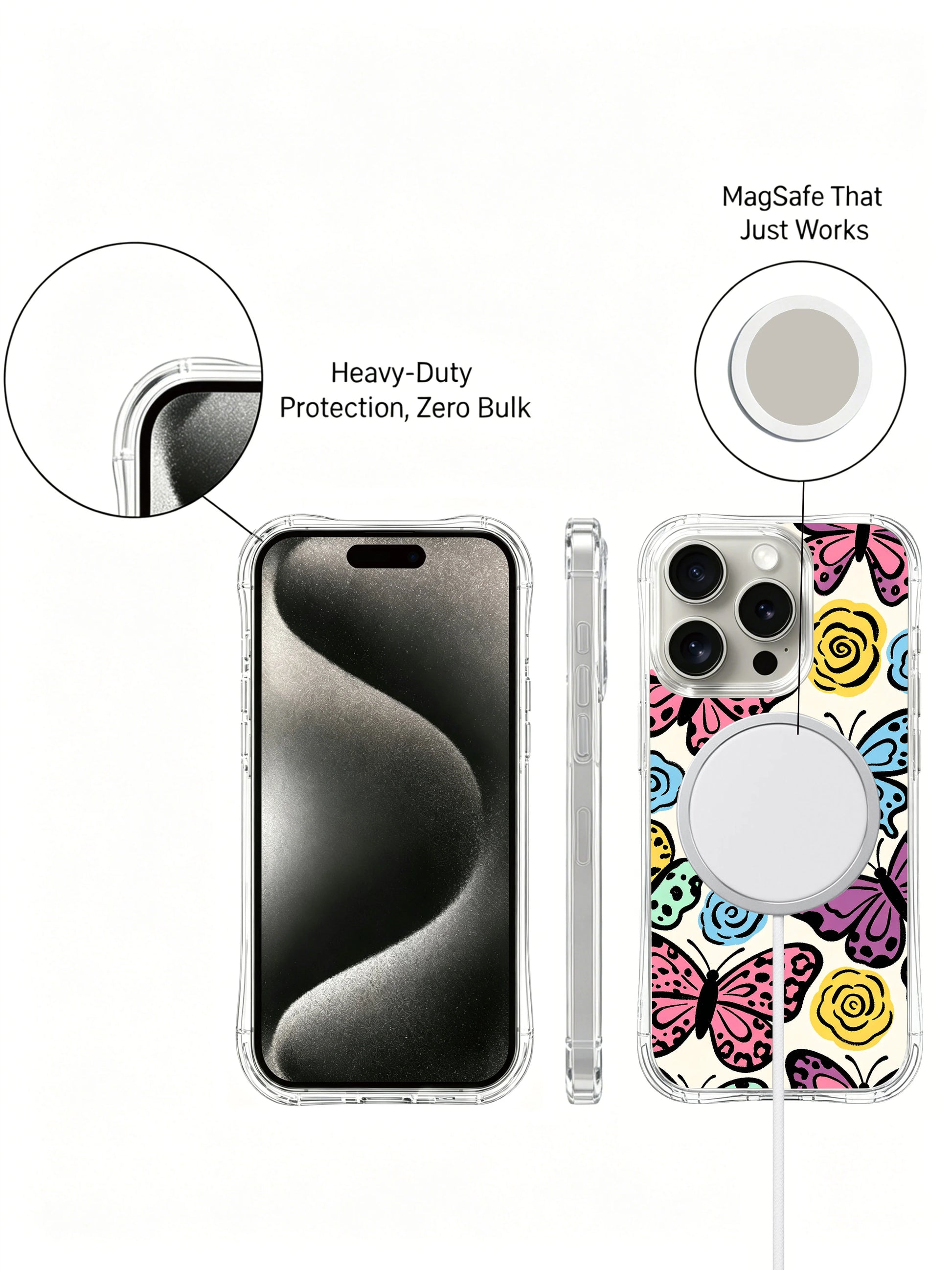 Women’s lighthearted spring self-expression PhoneCasing iPhone 14 Pro Case, warm cream base with layered pastel spotted butterfly leopard borders mixed with tiny floral swirl accents. Slim transparent wavy shockproof frame, bright garden cottage mood for unique casual statement styling.