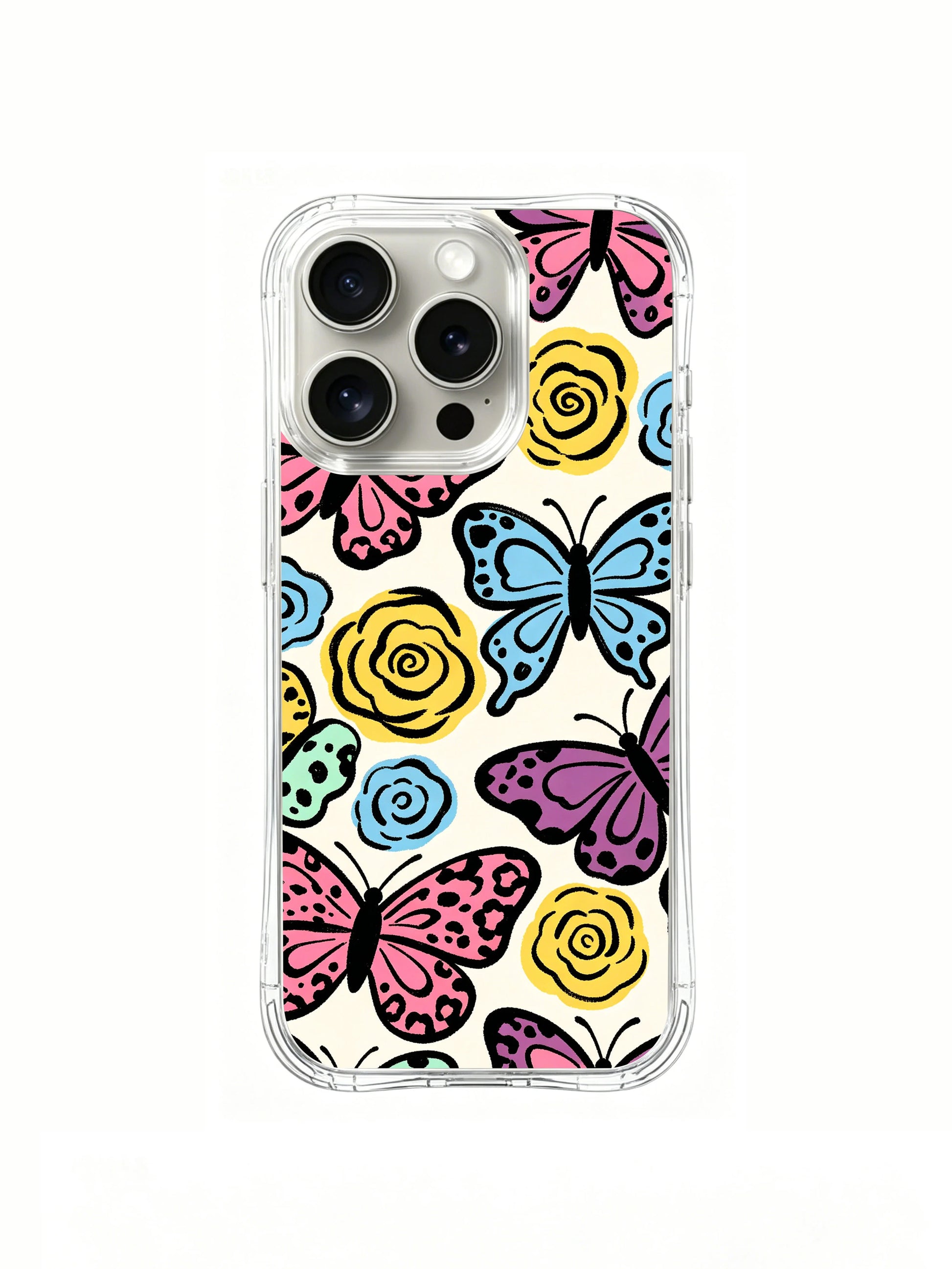 Women’s lighthearted spring self-expression PhoneCasing iPhone 14 Pro Case, warm cream base with layered pastel spotted butterfly leopard borders mixed with tiny floral swirl accents. Slim transparent wavy shockproof frame, bright garden cottage mood for unique casual statement styling.