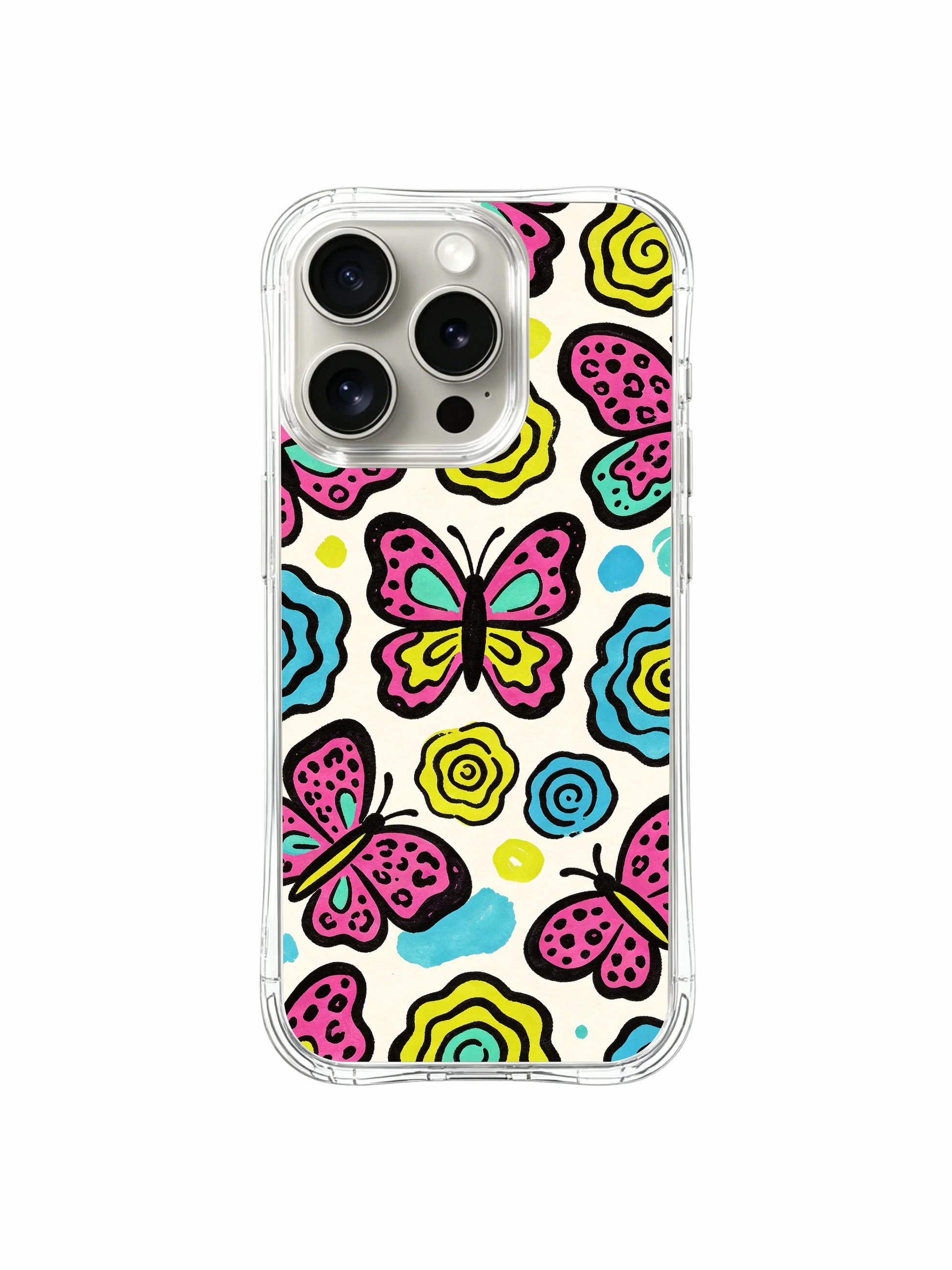 Playful spring watercolor butterfly leopard PhoneCasing iPhone 14 Pro Case exclusive from Roxy Wildhart’s Wild Heart Safari collection. Seamless cream background pattern layered with multi-tonal pastel butterfly spots and spiral flowers, smooth anti-microbial transparent wavy casing.