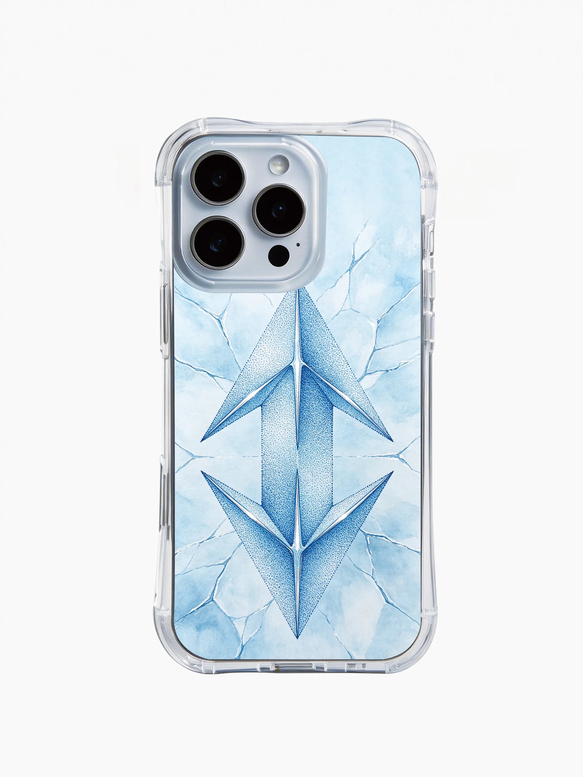 PhoneCasing iPhone 14 Pro Max Case with aqua geometric arrow design, cracked ice background and minimalist style