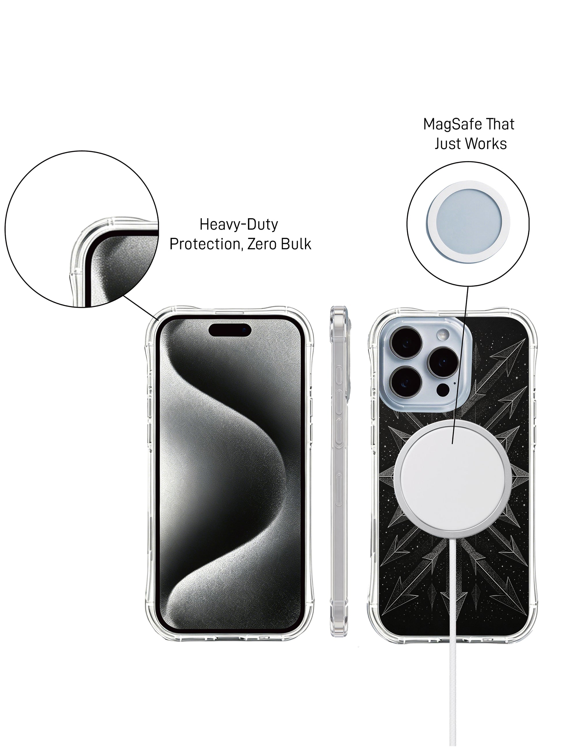 PhoneCasing iPhone 14 Pro Max Case with a clear shockproof shell, showcasing a modern black graphic design.
