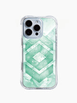 Mint Drift: A central diamond framed by broad pale chevrons over a cloudy aqua field.