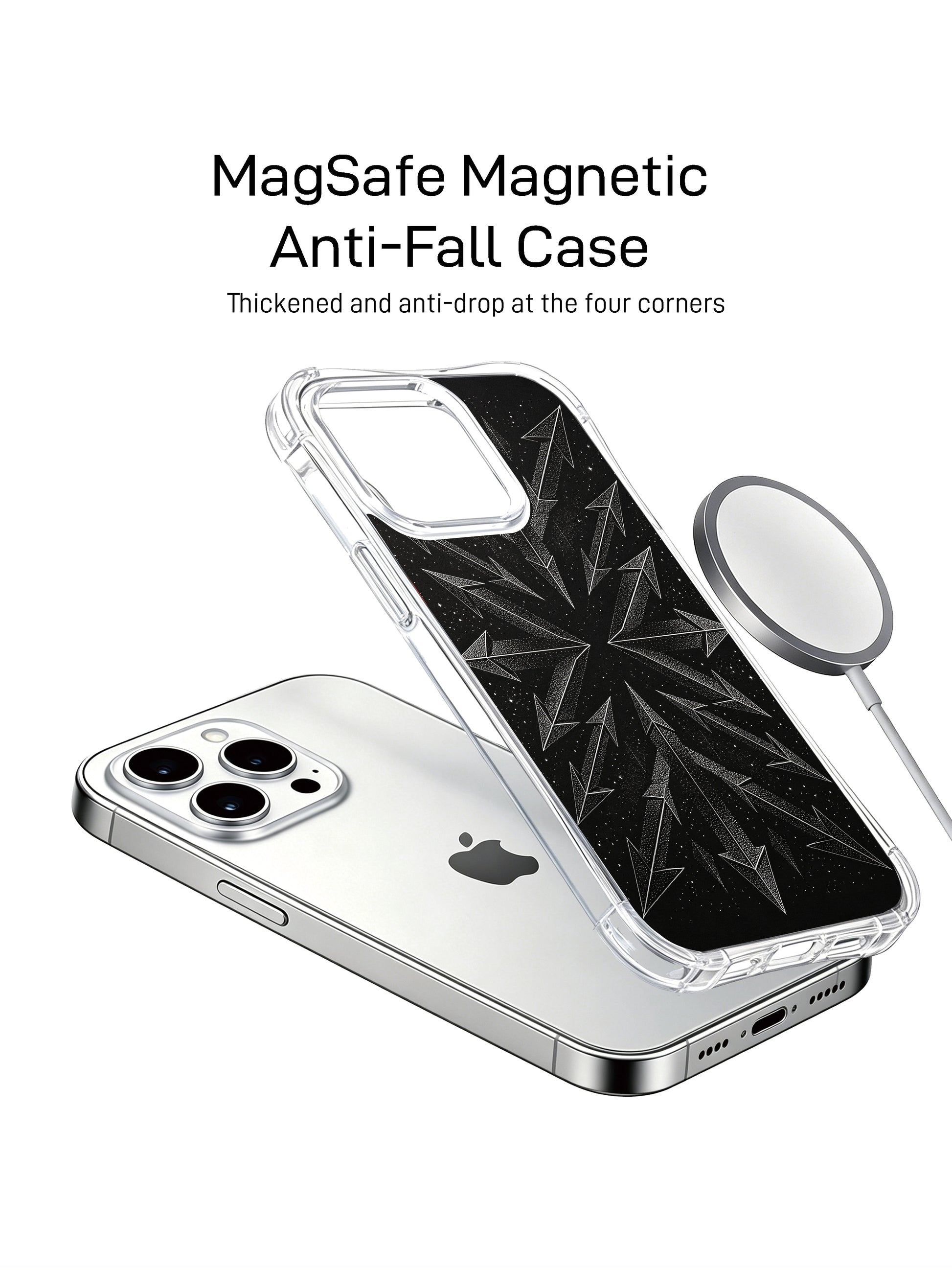 PhoneCasing iPhone 14 Pro Max Case with a starry dark aesthetic backdrop, combining stippled art and geometric shapes.
