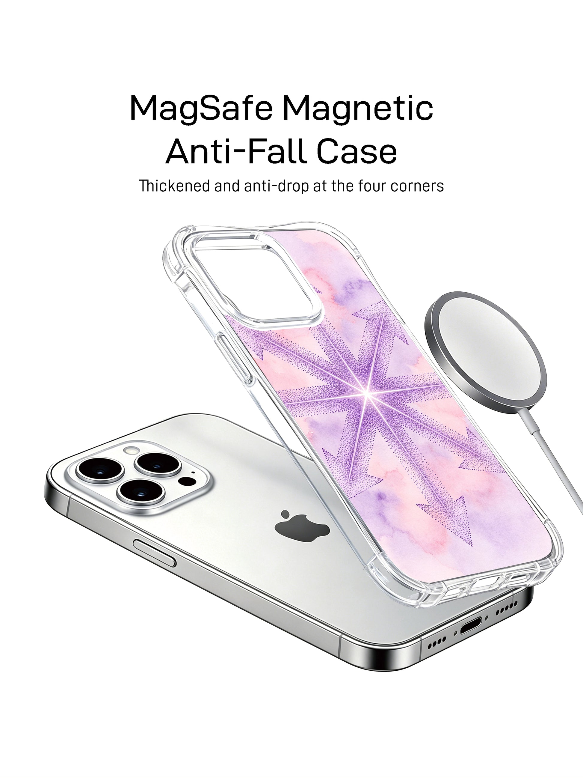 Dreamy bohemian PhoneCasing iPhone 14 Pro Max Case with a glowing neon arrow mandala, rendered on a pastel watercolor gradient background.