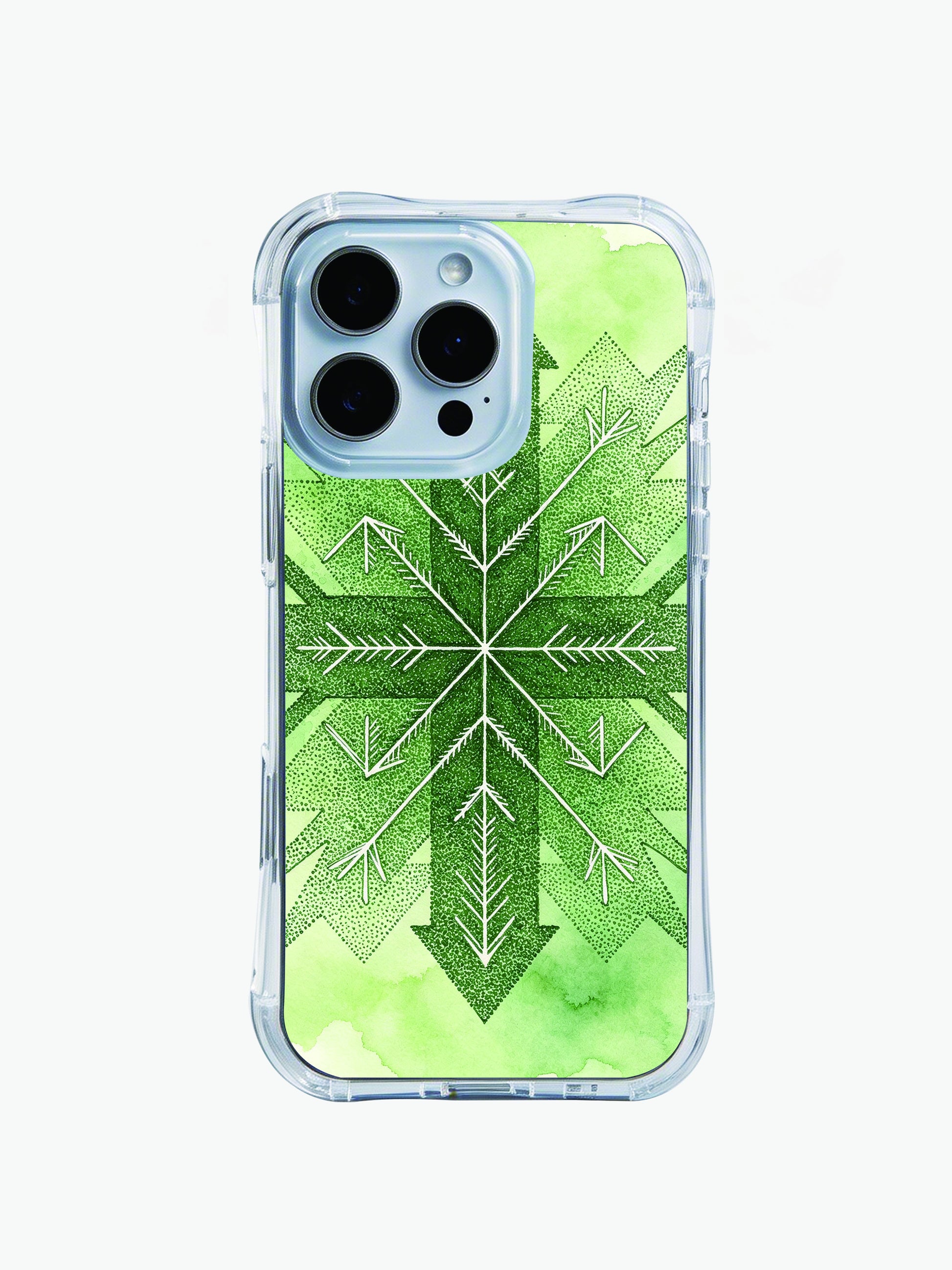 Earthy tribal arrow PhoneCasing iPhone 14 Pro Max Case, hand-drawn with stippled texture on a fresh forest green watercolor wash background.