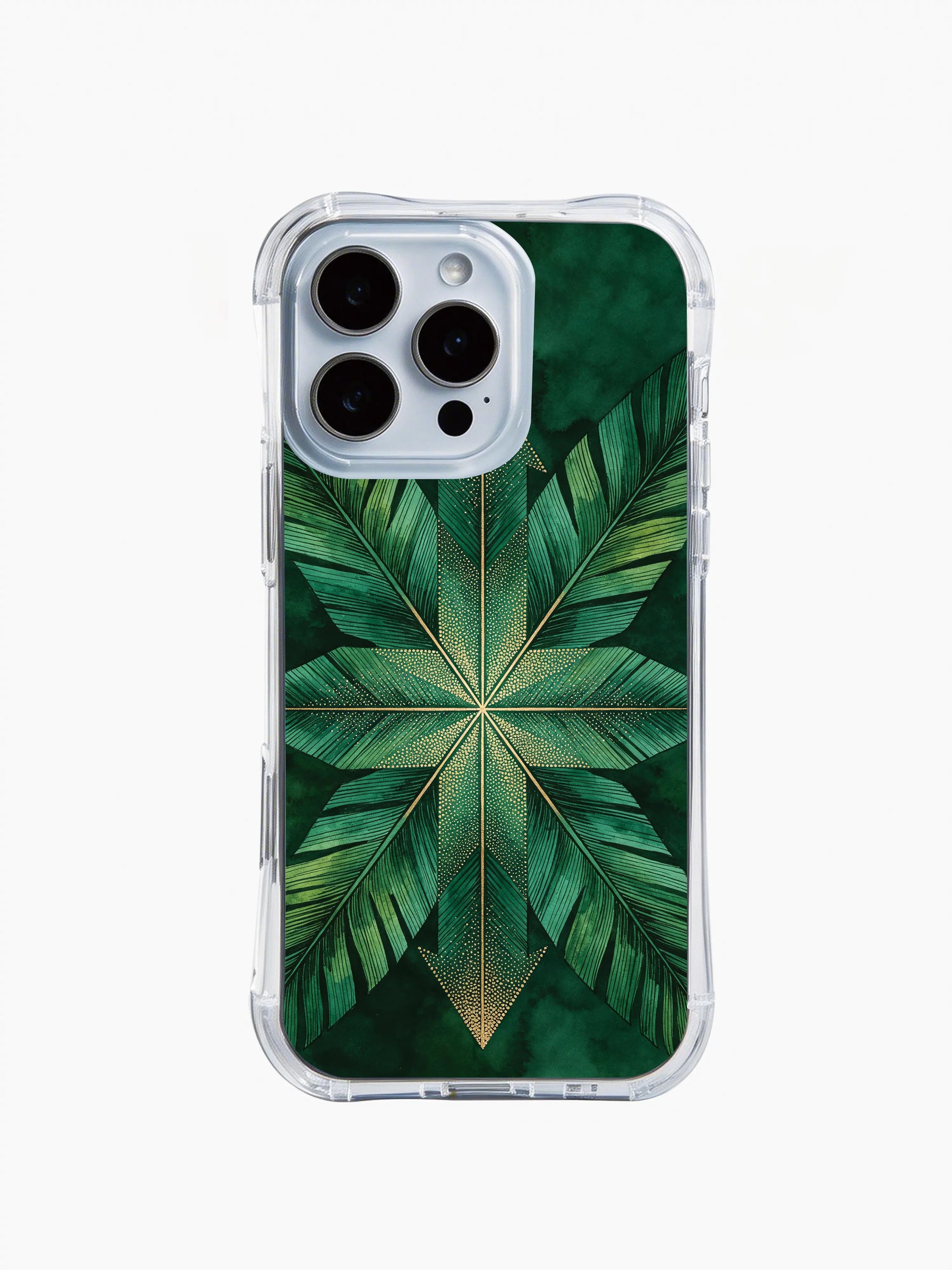 PhoneCasing iPhone 14 Pro Max Case featuring emerald green tropical tribal design, shockproof and lightweight protective casing
