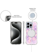Ethereal PhoneCasing iPhone 14 Pro Max Case with a compass-inspired arrow mandala, hand-drawn with glowing purple neon stippling on watercolor wash.