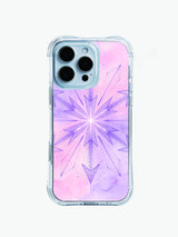 Ethereal pastel mandala PhoneCasing iPhone 14 Pro Max Case, featuring a glowing purple neon arrow design on a pink watercolor wash background.