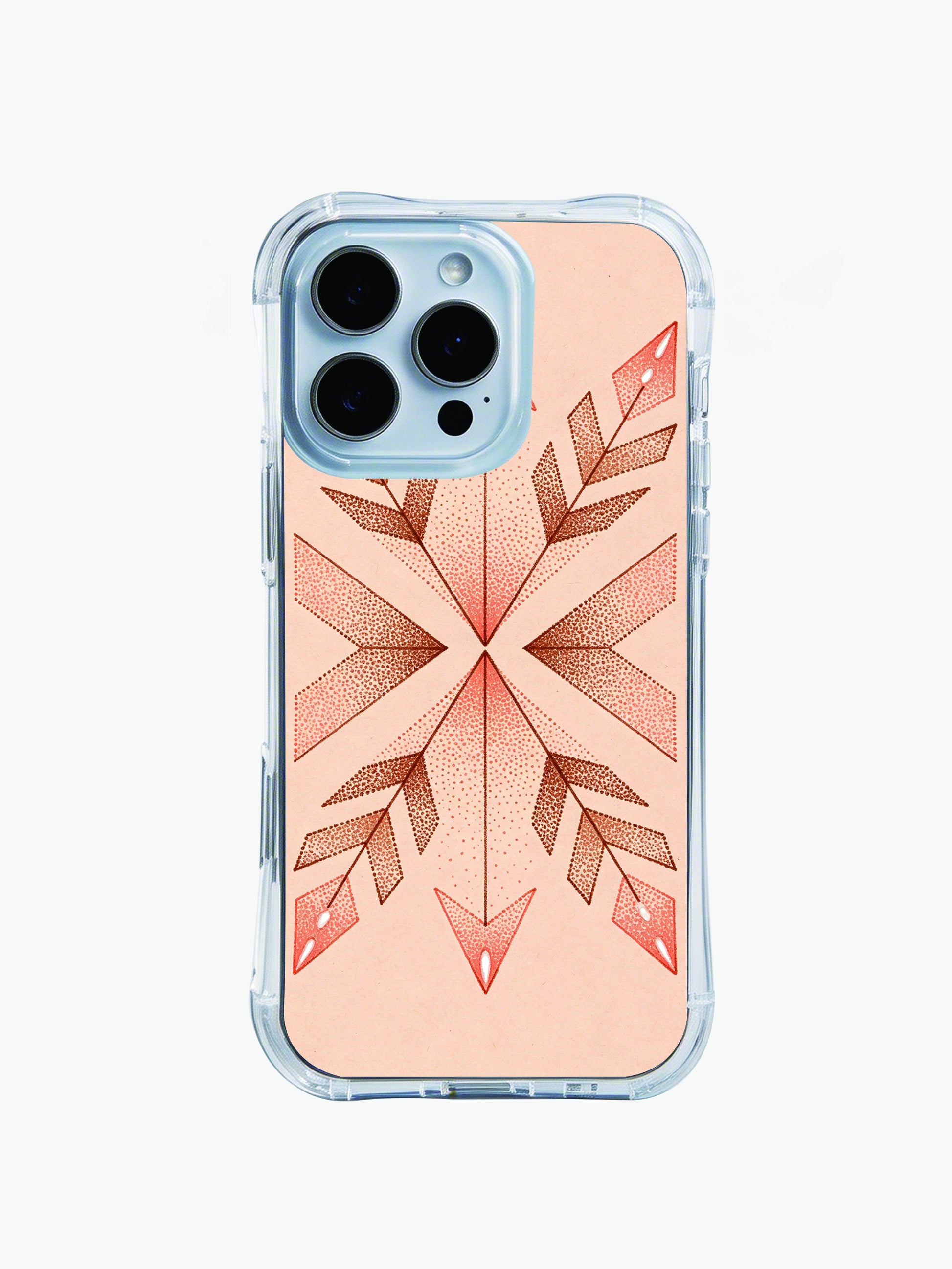 Handmade-style tribal PhoneCasing iPhone 14 Pro Max Case with arrow mandala design in soft terracotta and pink shades.